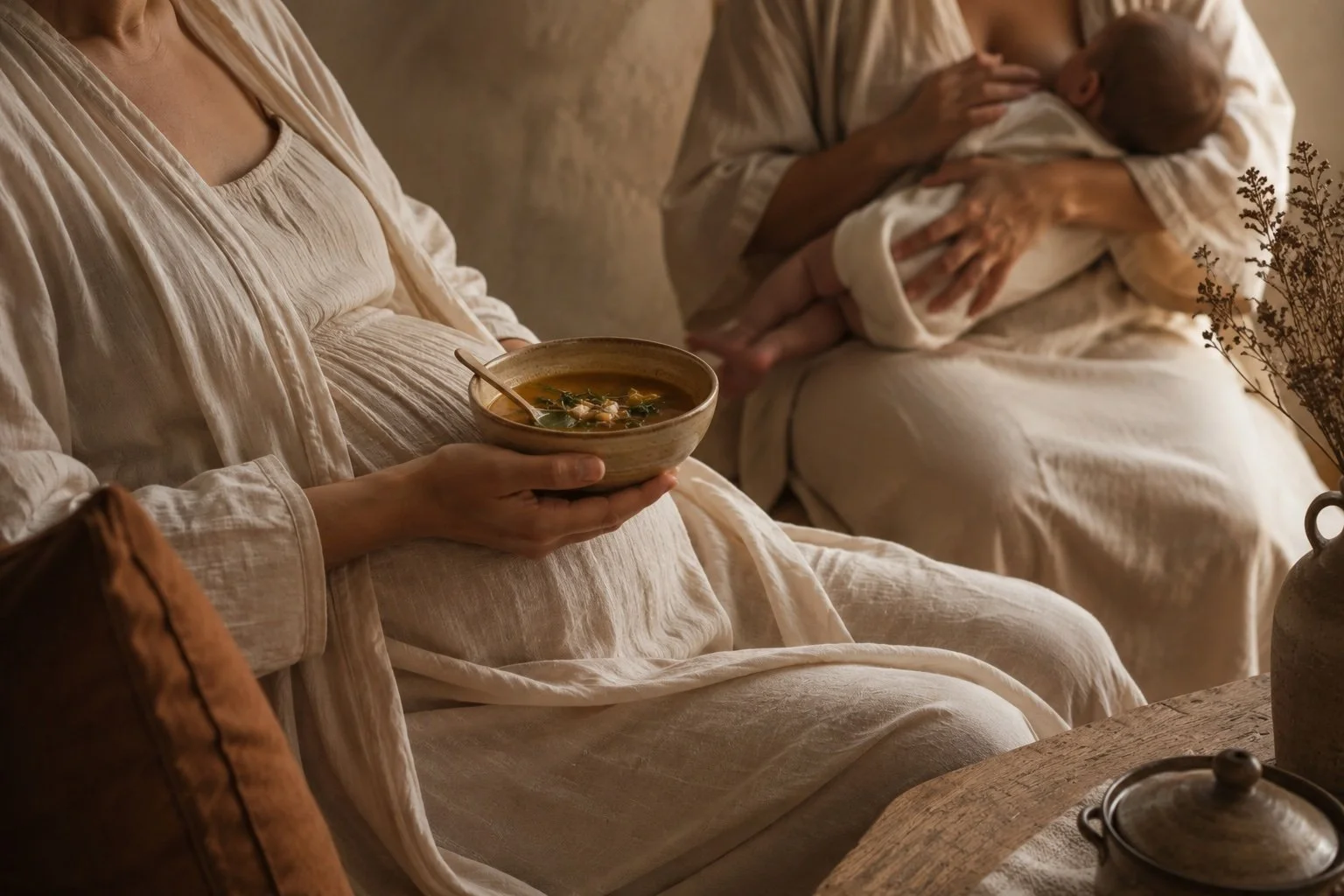 Mariko the midwife and pregnant mother  holding a bowl of soup, with a woman breastfeeding a baby in the background.