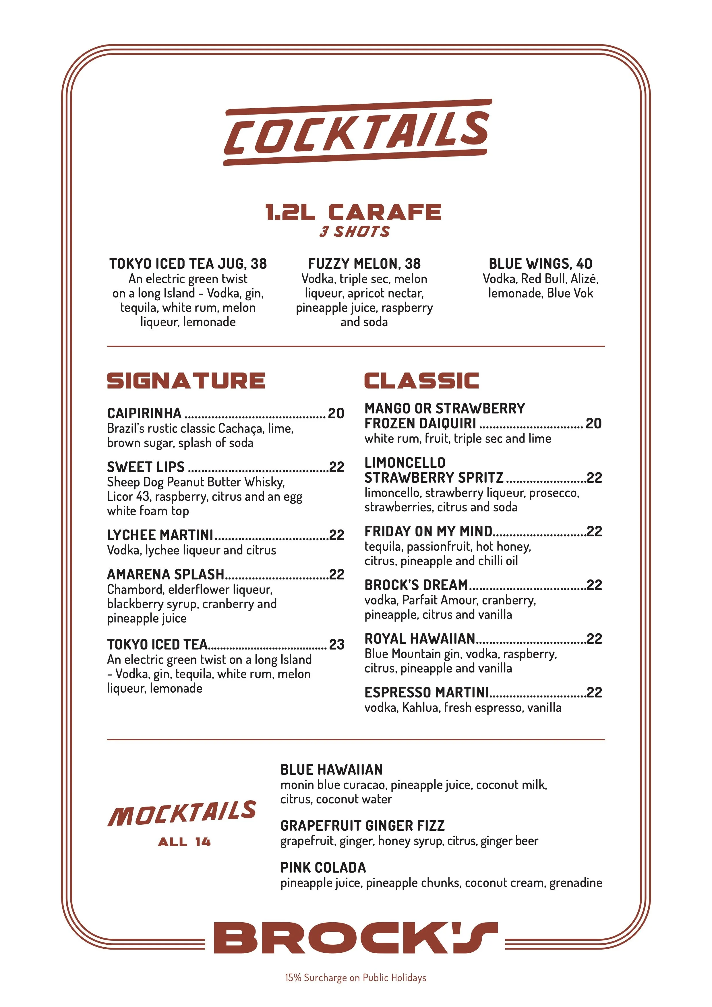 Menu for cocktails and mocktails with various drink options and descriptions.