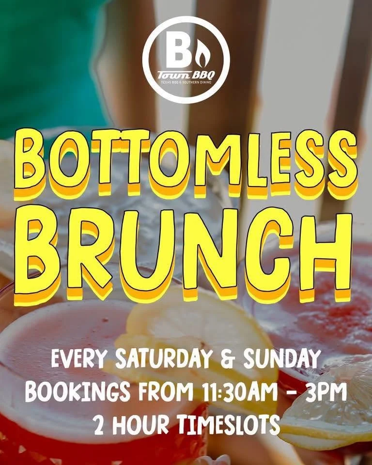 Bottomless brunch at B Team BBQ, available every Saturday and Sunday from 11:30 AM to 3 PM with 2-hour time slots.