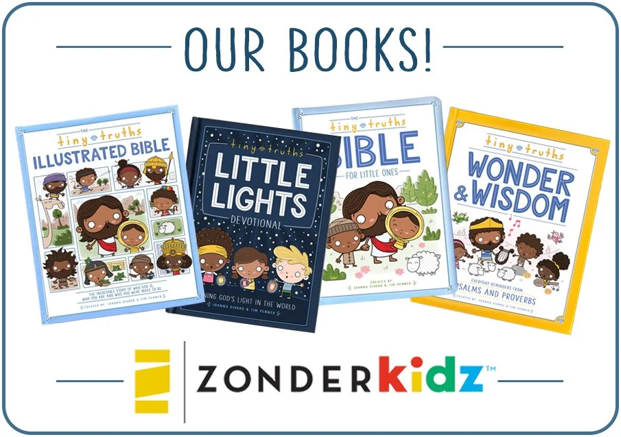 Our four tiny truths books—Illustrated Bible, Little Lights Devotional, Bible for Little Ones, and Wonder & Wisdom over a big Zonderkidz logo