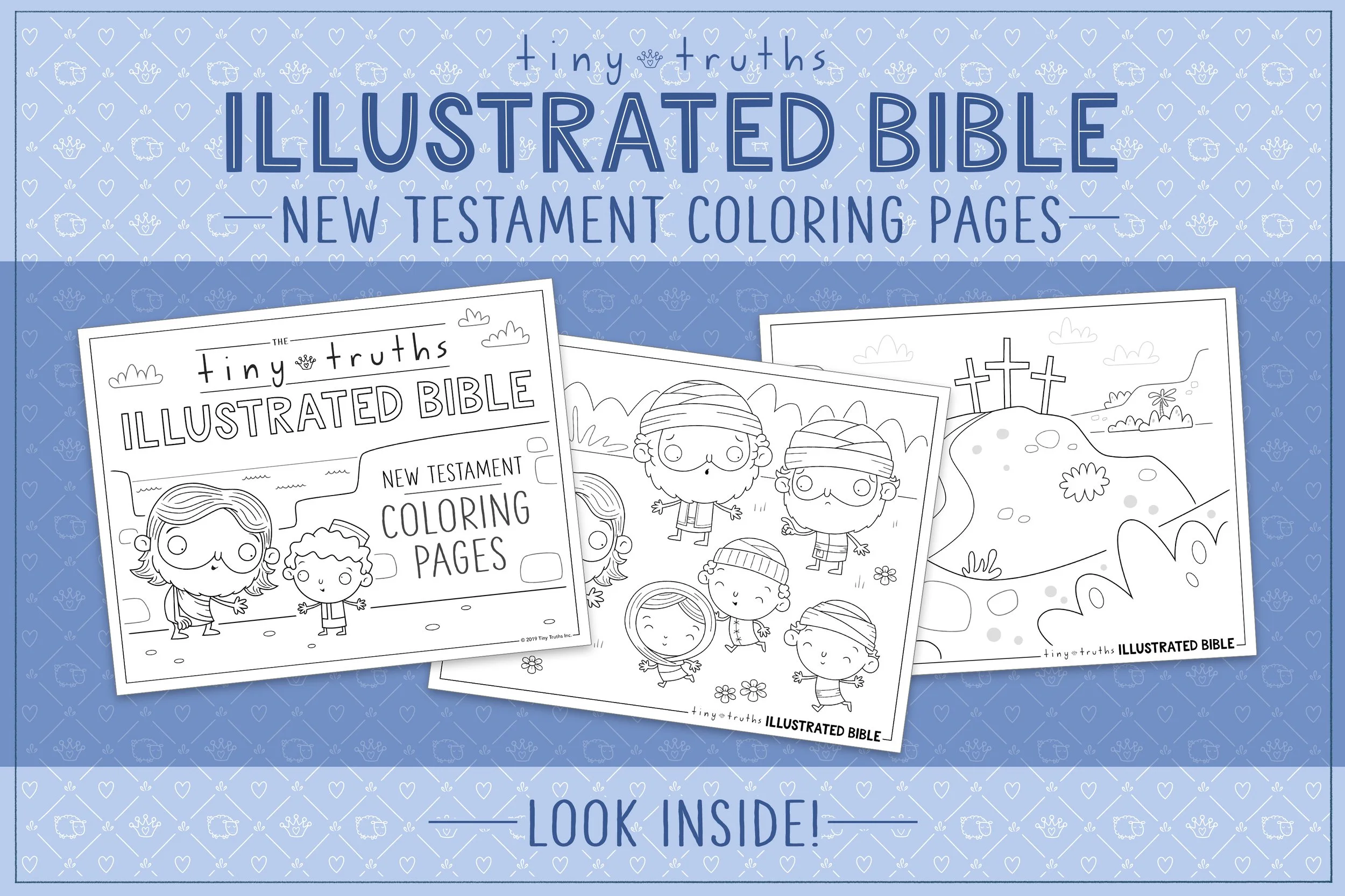Three printable Bible story coloring pages from the New Testament—Jesus with a young boy, Jesus calling the children while the disciples look shocked, and three crosses on a hill