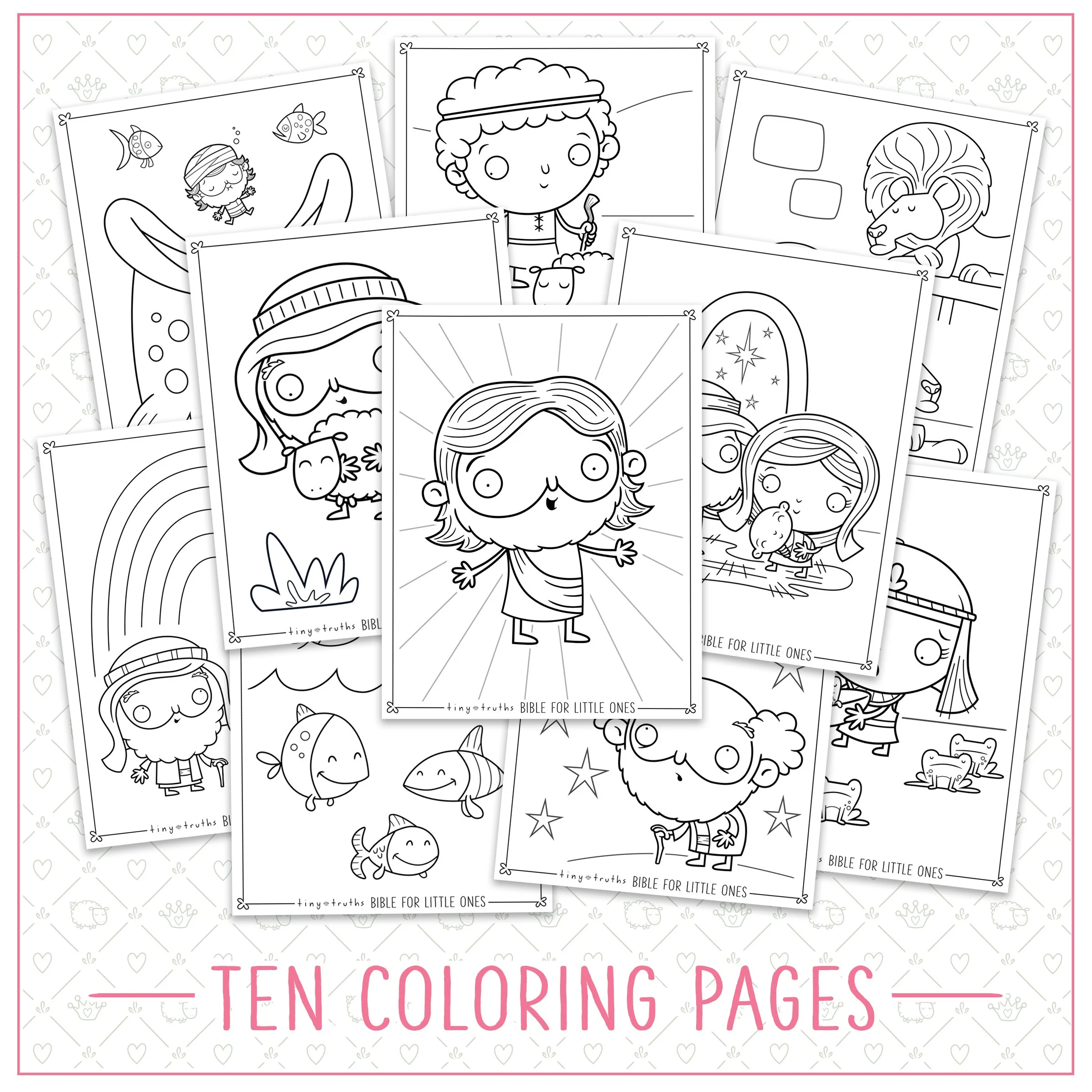 All ten printable coloring pages featuring characters from the Old and New Testament