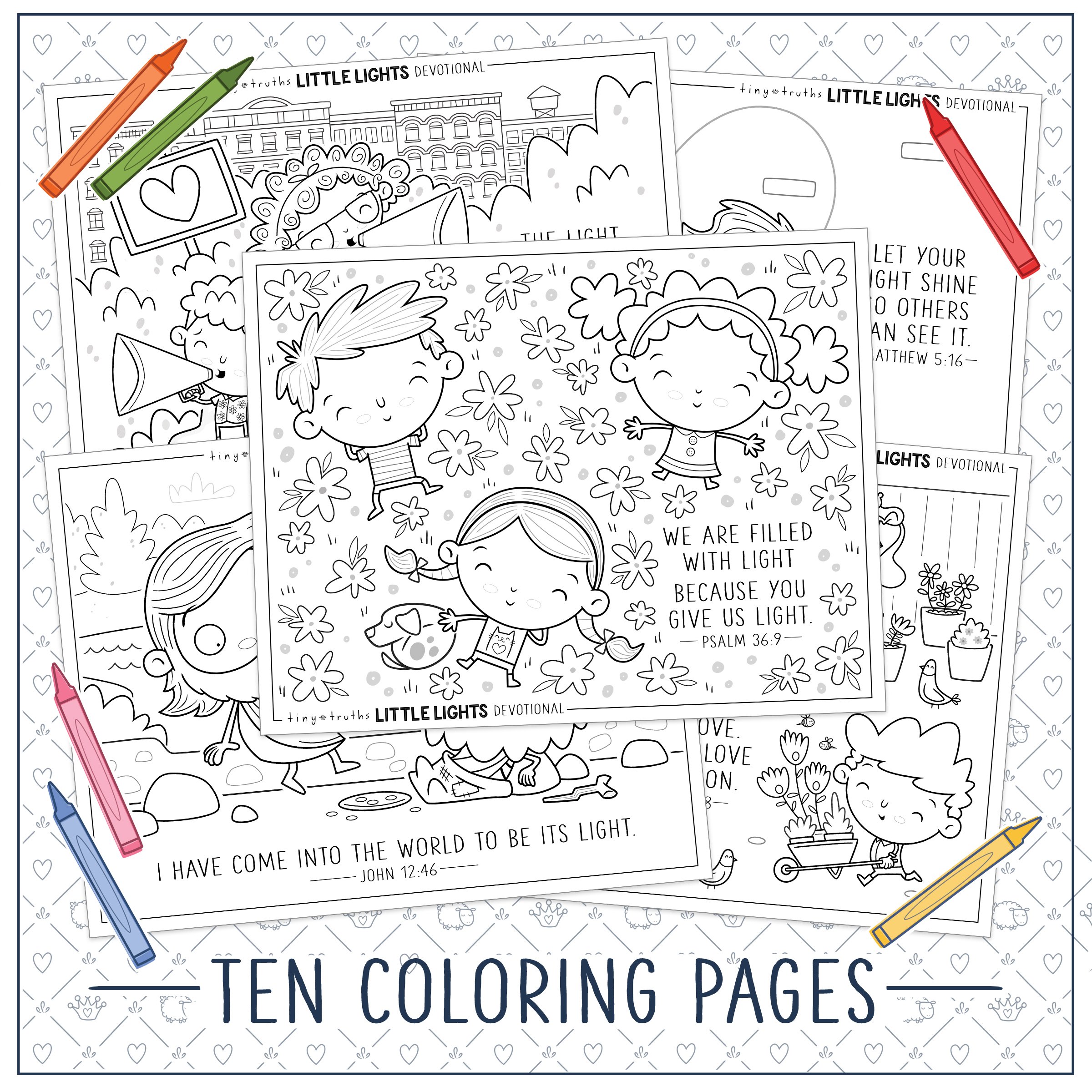 A pile of our printable Little Lights coloring pages featuring kids loving god and each other in joyful ways