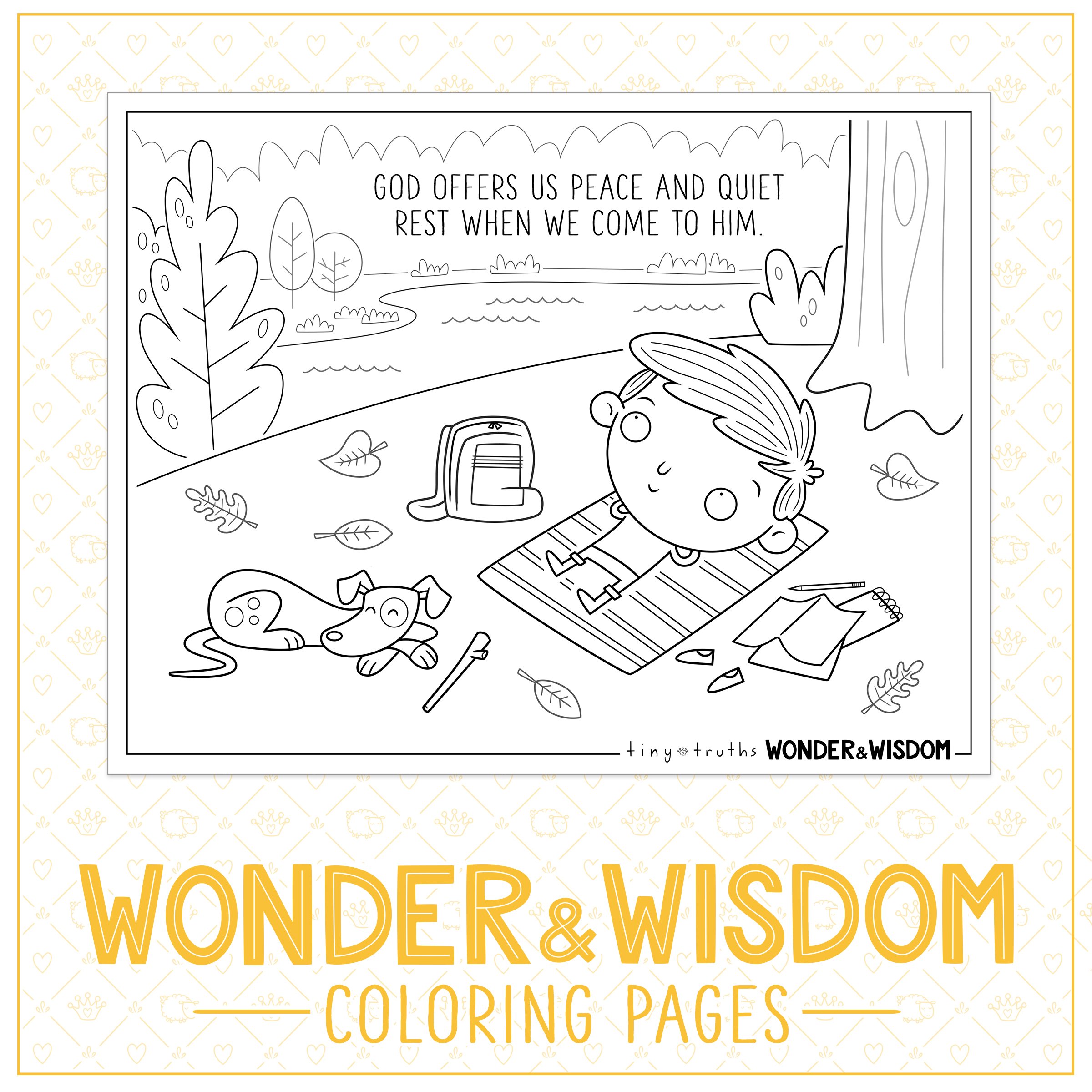 Example of printable Wonder & Wisdom colouring pages featuring a boy relaxing under a tree by a lake reminding us that God give us peace and rest when we come to him