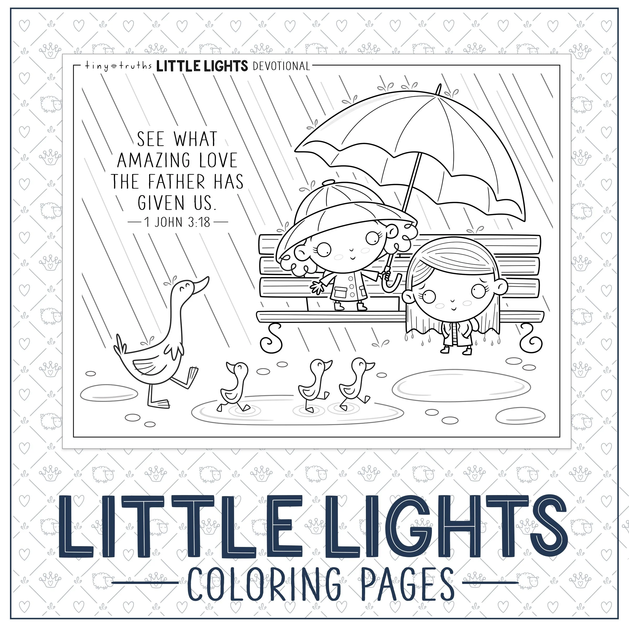 Example of printable Little Lights Devotional colouring pages featuring a girl sharing her umbrella with another girl stuck in the rain