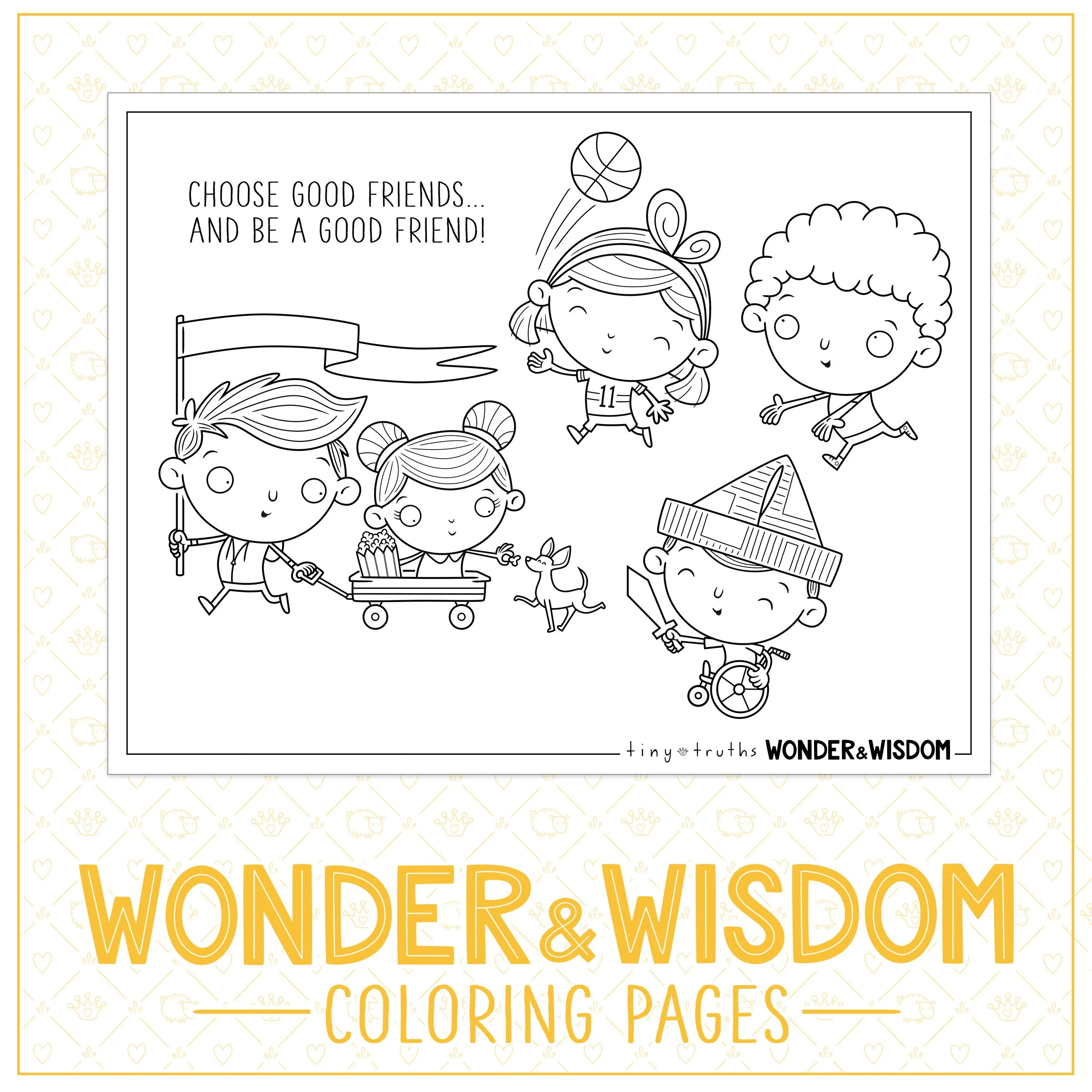 Example of printable Wonder & Wisdom colouring pages featuring a parade of joyful kids reminding us to choose good friends and be a good friend