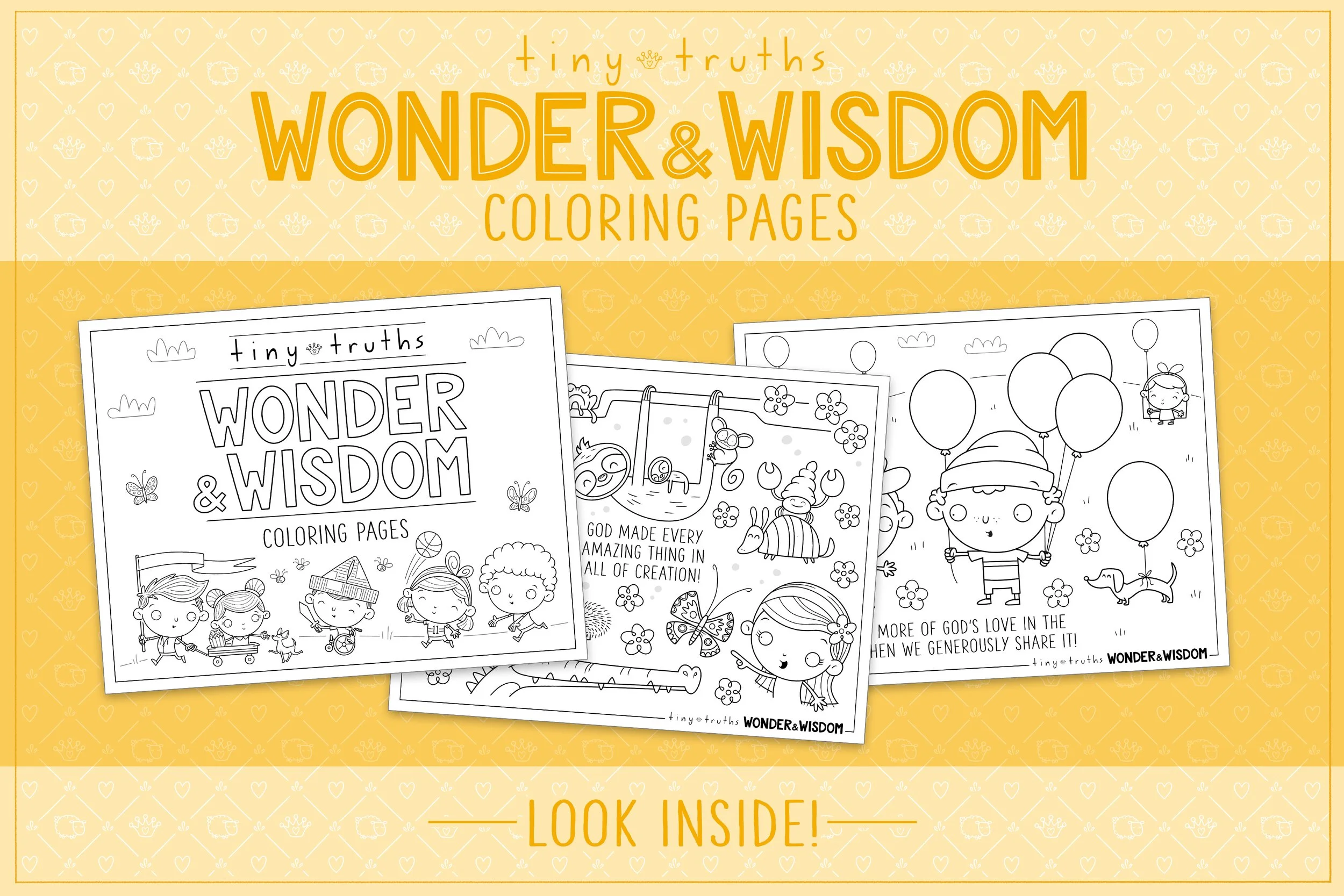 Three printable coloring pages with bonus reminders of how to love God and others. One is an inclusive group of friends in a joyful parade, one is bunch of quirky animals that God created, and the last is a child generously sharing balloons