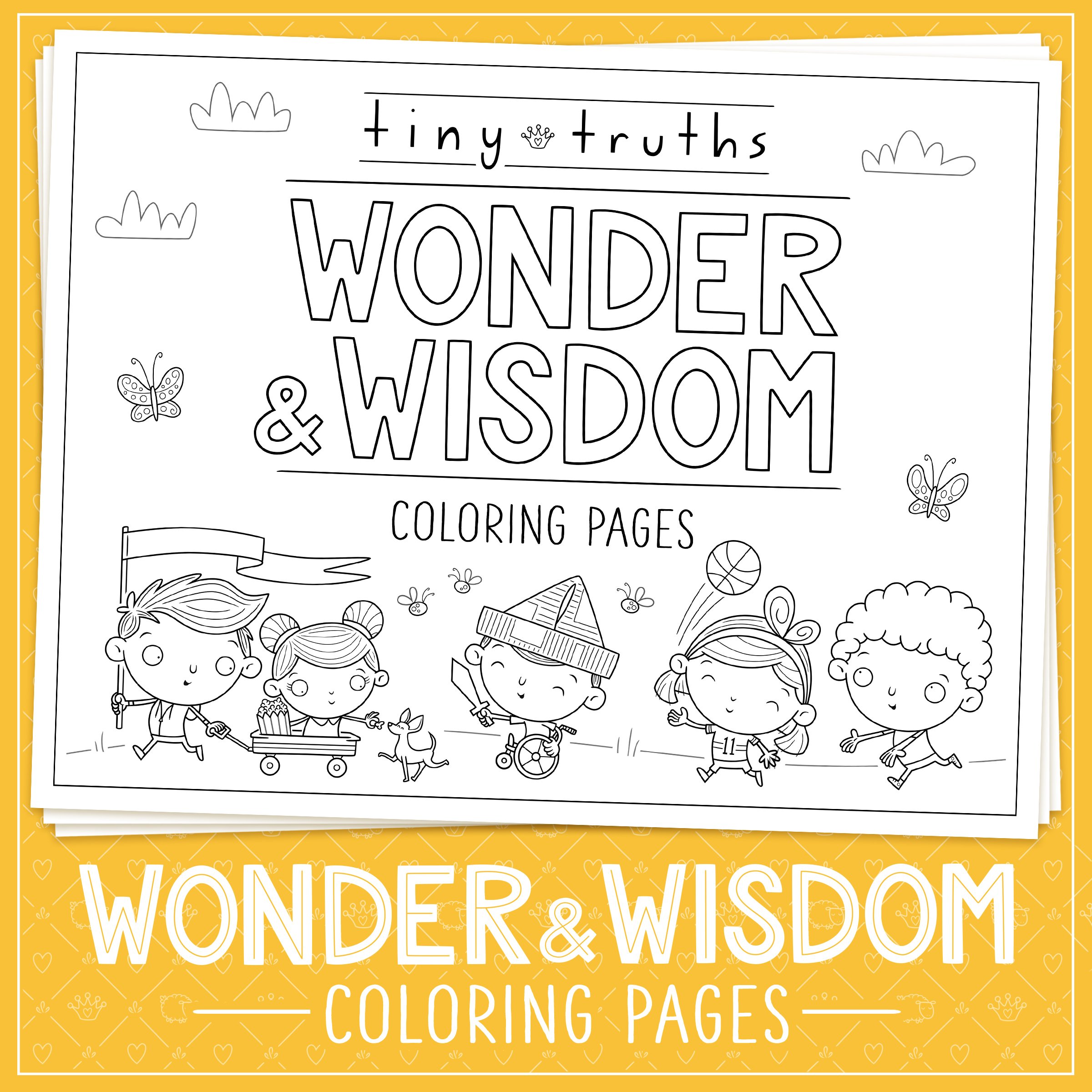 Cover of our printable wonder &  wisdom coloring pages with a parade of joyful kids