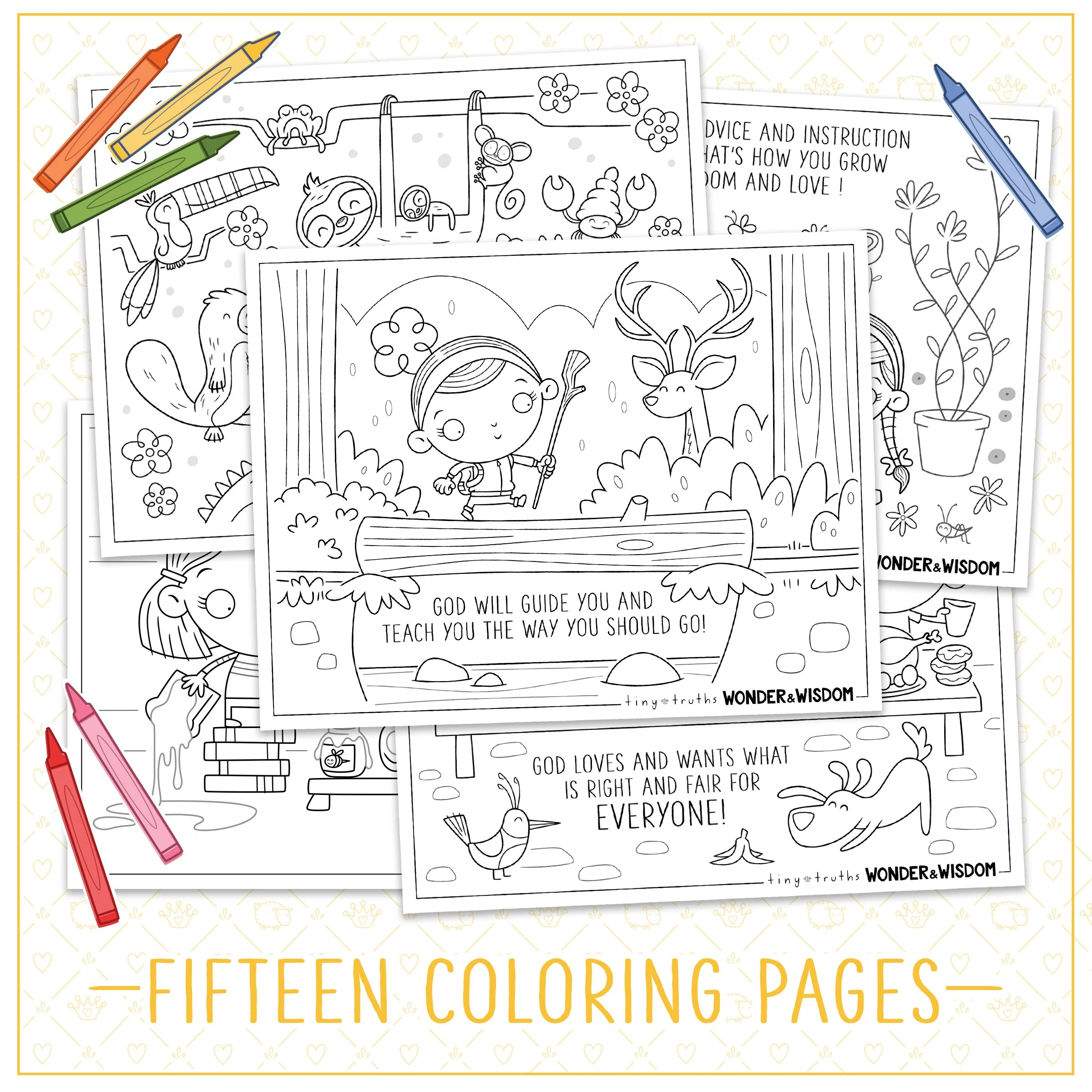 A pile of our printable Wonder and Wisdom coloring pages featuring a girl hiking in the woods reminding us that God guides our paths