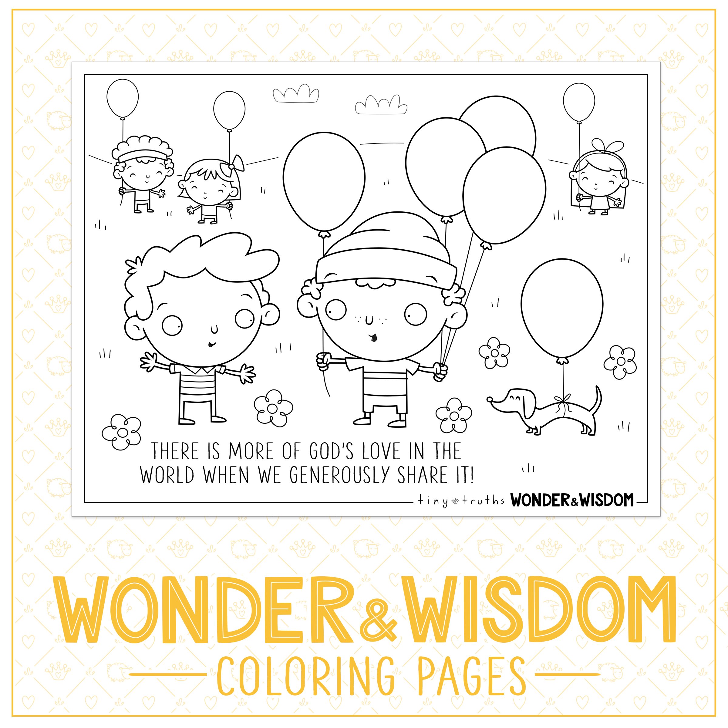 Example of printable Wonder & Wisdom colouring pages featuring a kid sharing his balloons with a bunch of kids reminding us when we share God's love there there is more of it in the world