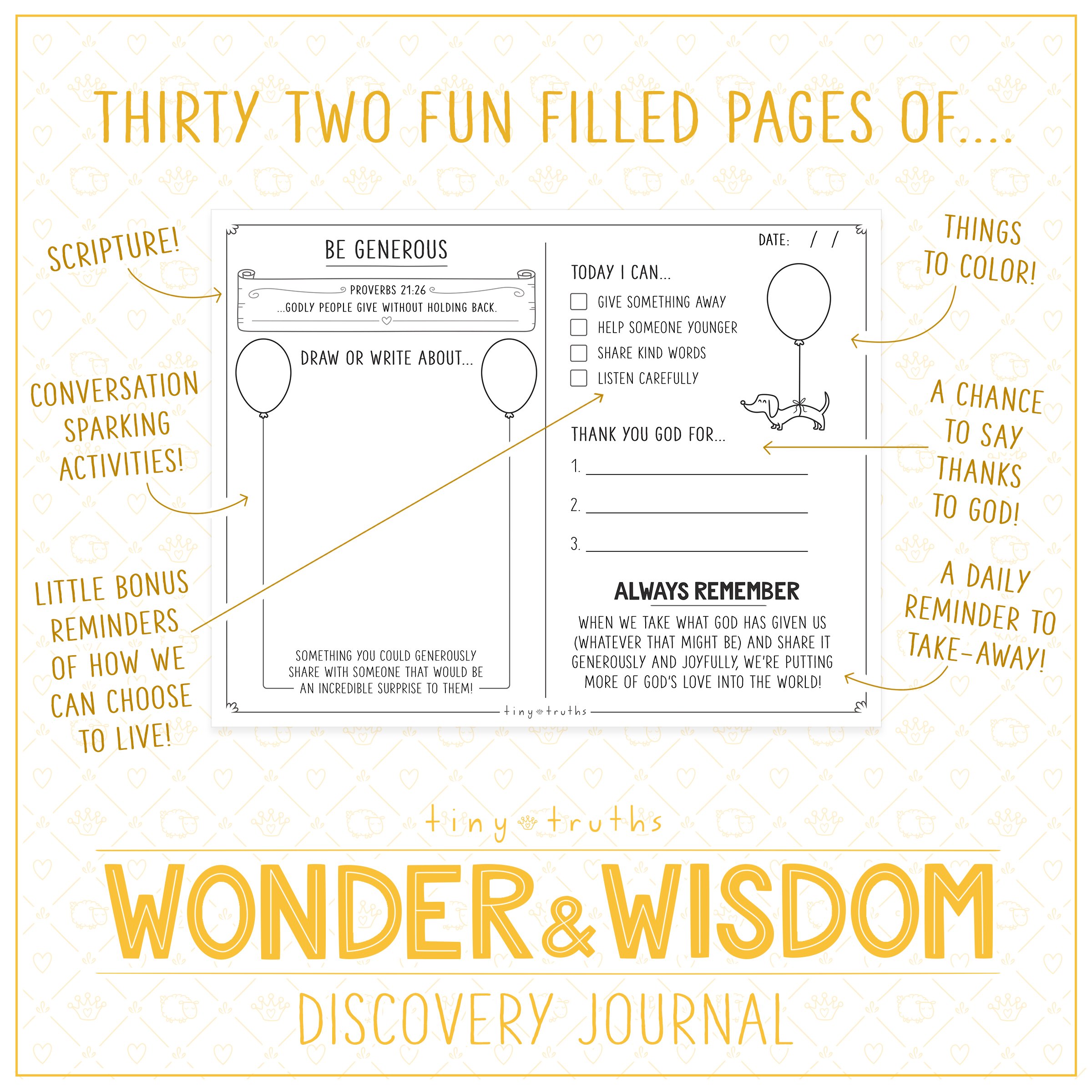 Showcase of all the elements of a journal page—things to color, ways to thank God, a daily reminder, and a memory verse