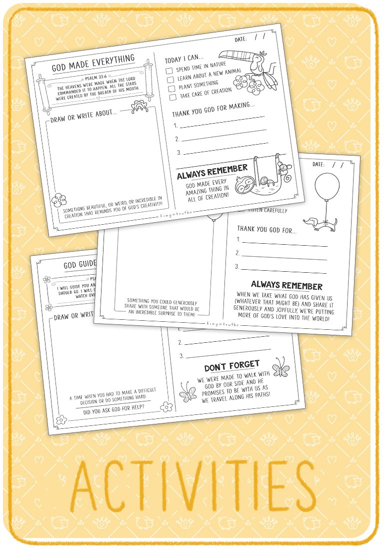 Three sample pages from our printable Wonder & Wisdom Discovery Journal/Activity Worksheets about living wisely and loving well taken from Psalms and Proverbs—God made everything, be generous, and God guides our path