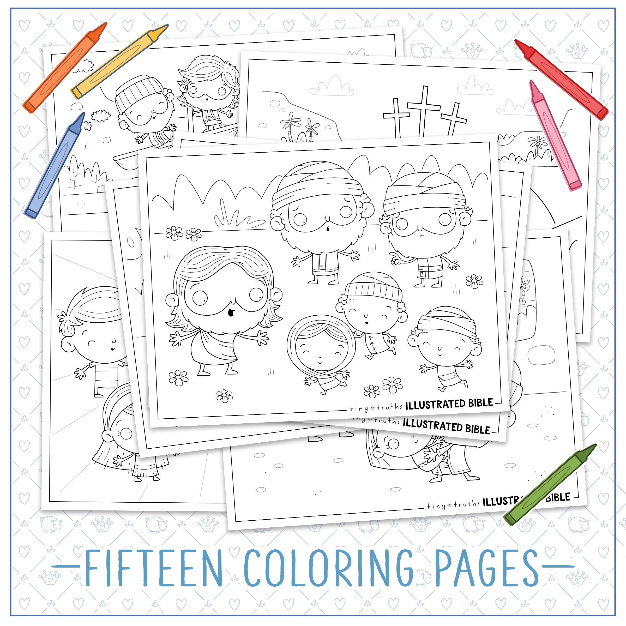 A pile of our printable New Testament Bible Story colouring pages