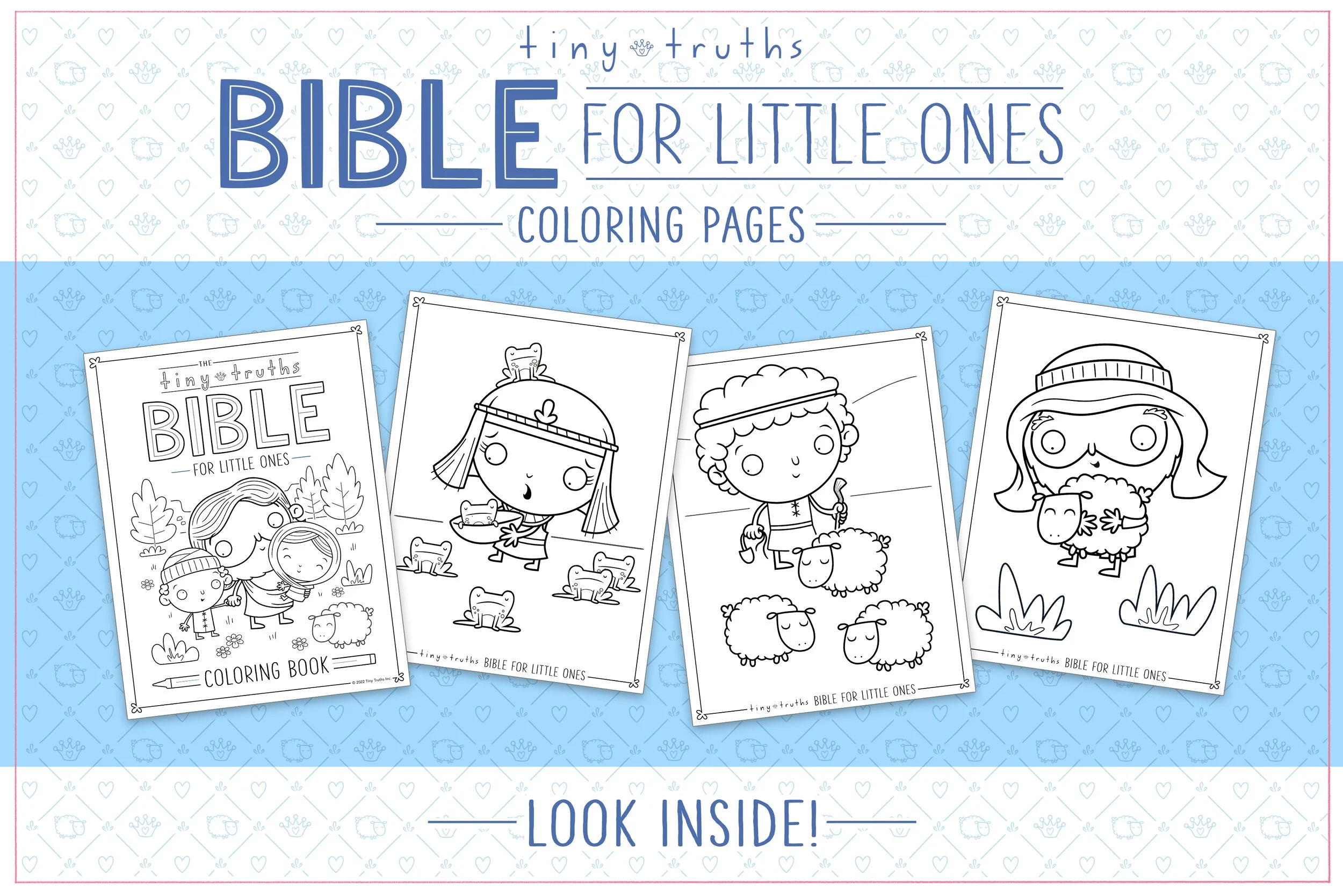 Four printable Bible story coloring pages made especially for 1-3 year olds—Jesus hugging children, the frogs plague, young king David with his sheep, and the good shepherd hugging a sheep