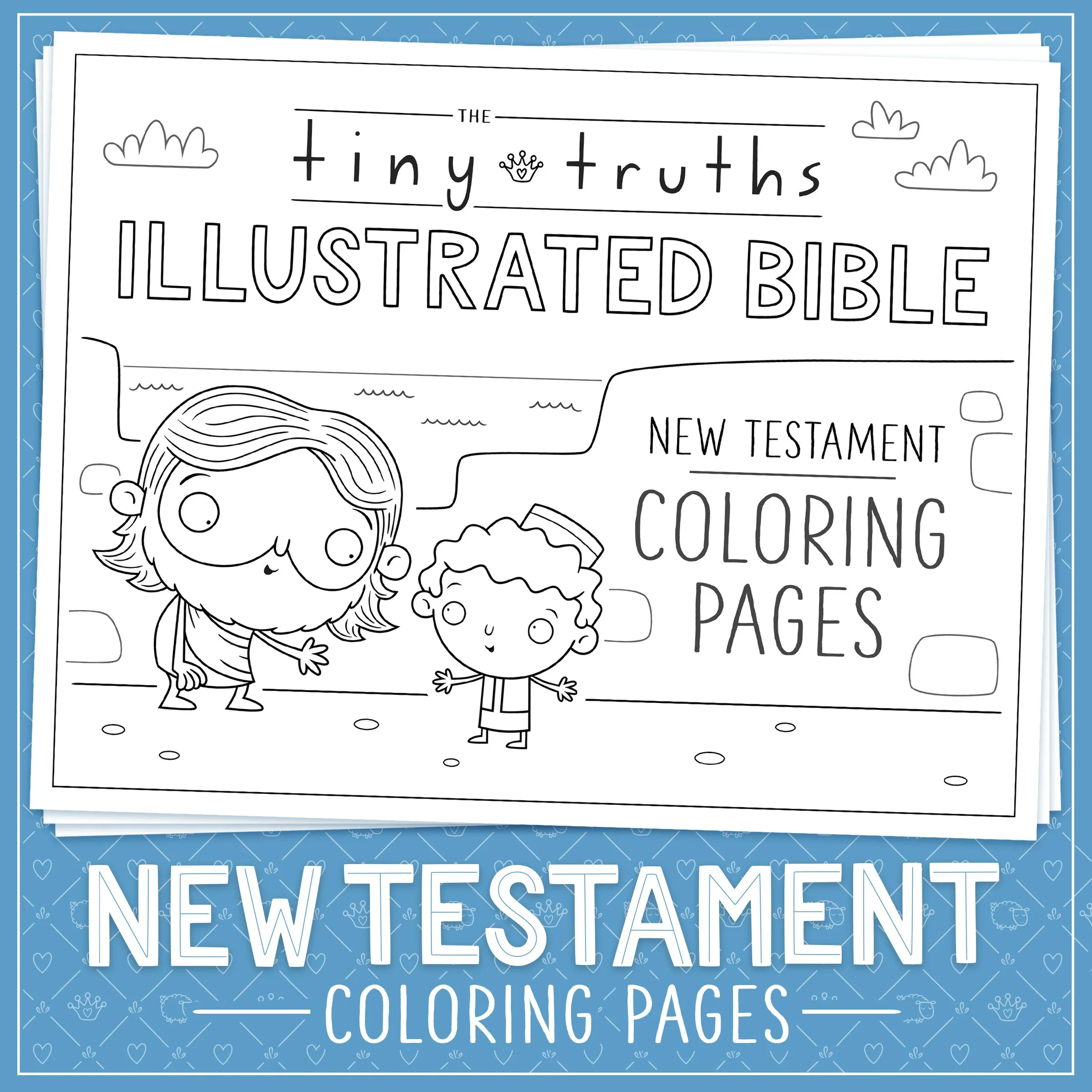 Cover of our printable New Testament Bible Story colouring pages—Jesus talking to a young boy