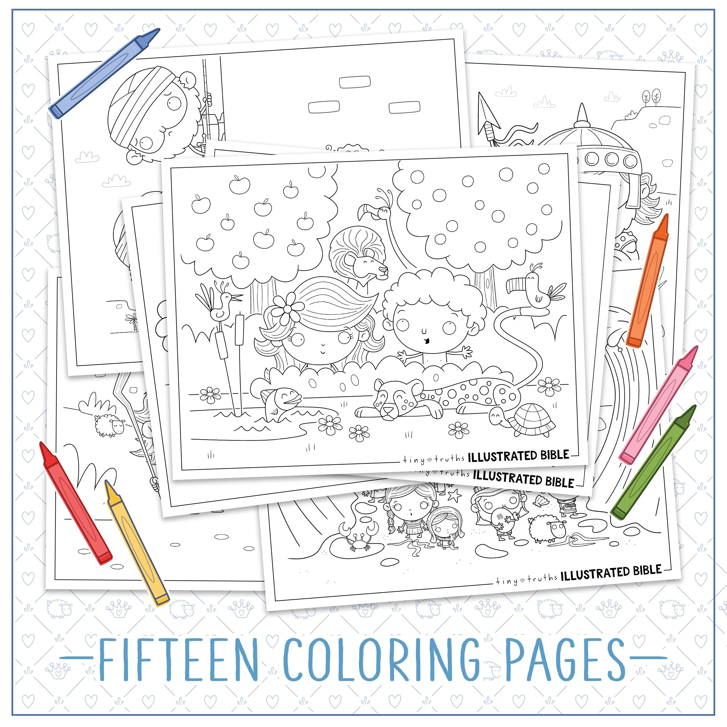 A pile of our printable Old Testament Bible Story colouring pages with crayons