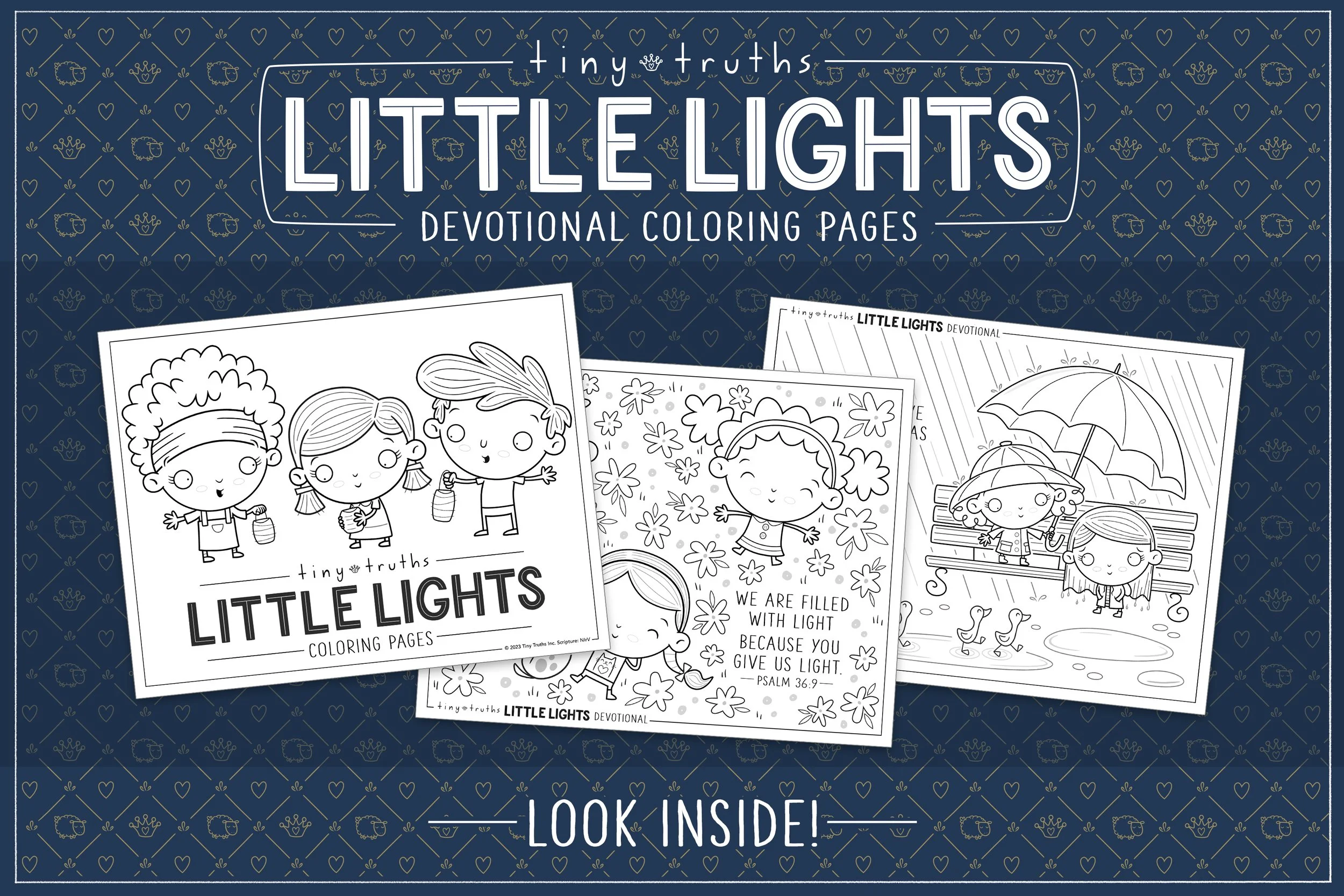 Three sample printable coloring pages taken from our Christian devotional—three kids holding little lanterns representing the light of God, three kids laying in a field of flowers, and a girl holding an umbrella for another as ducks walk by