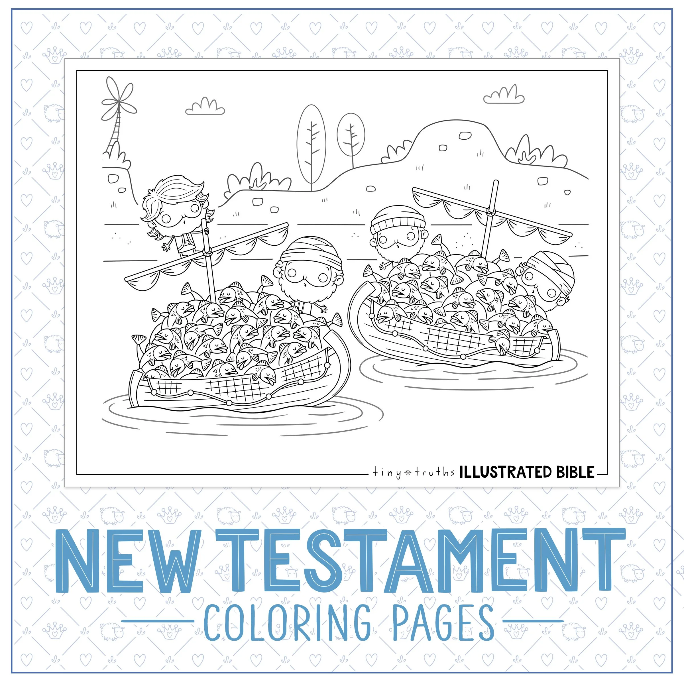Example of printable New Testament Bible Story colouring pages—Jesus Disciples fishing miracle