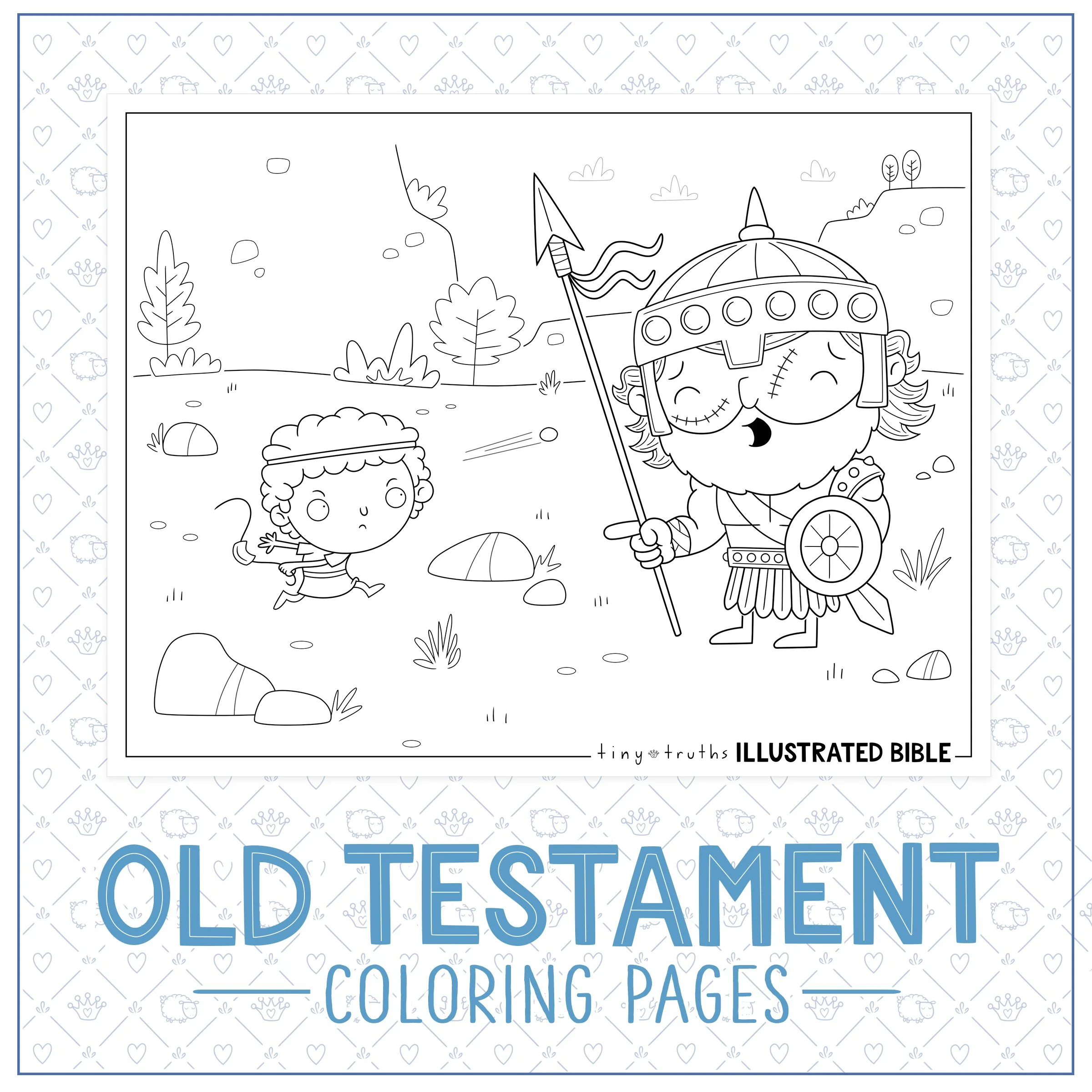 Example of printable Old Testament Bible Story colouring pages—David and Goliath