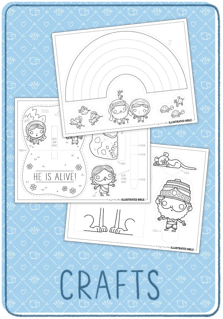 Samples of  three of our printable Bible craft pages—Noah's Ark, Jesus resurrection, and Daniel in the lion's den, over the big word "CRAFTS"