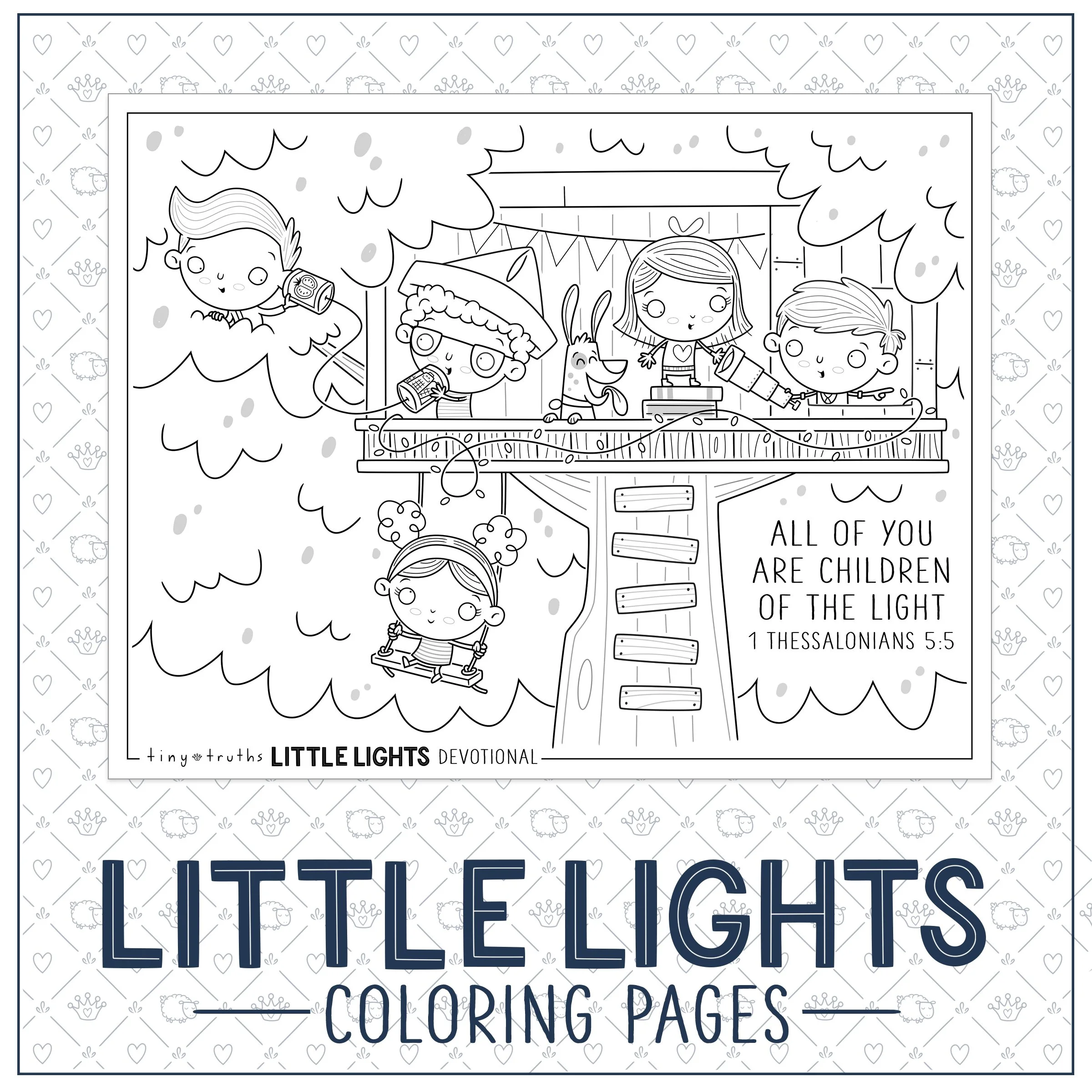 Example of printable Little Lights Devotional colouring pages featuring a bunch of kids in a treehouse all playing together and sharing god's love