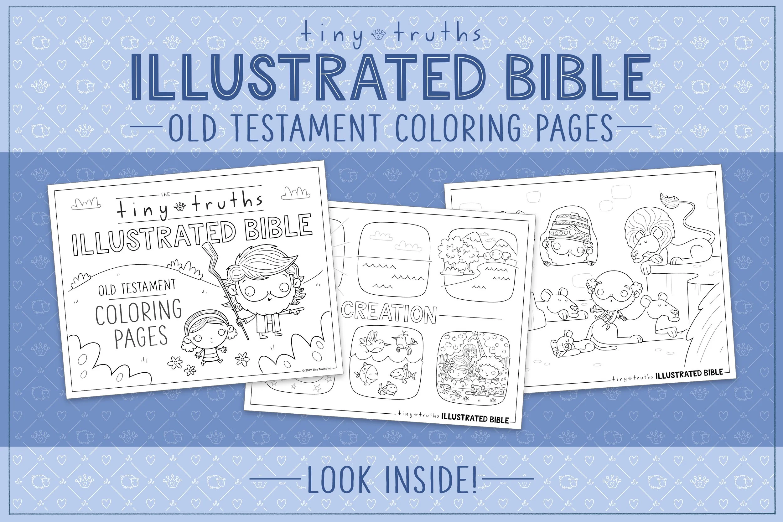 Three printable Bible story coloring pages from the Old Testament—Moses helping a young girl, the six days of creation, and Daniel in the lion's den