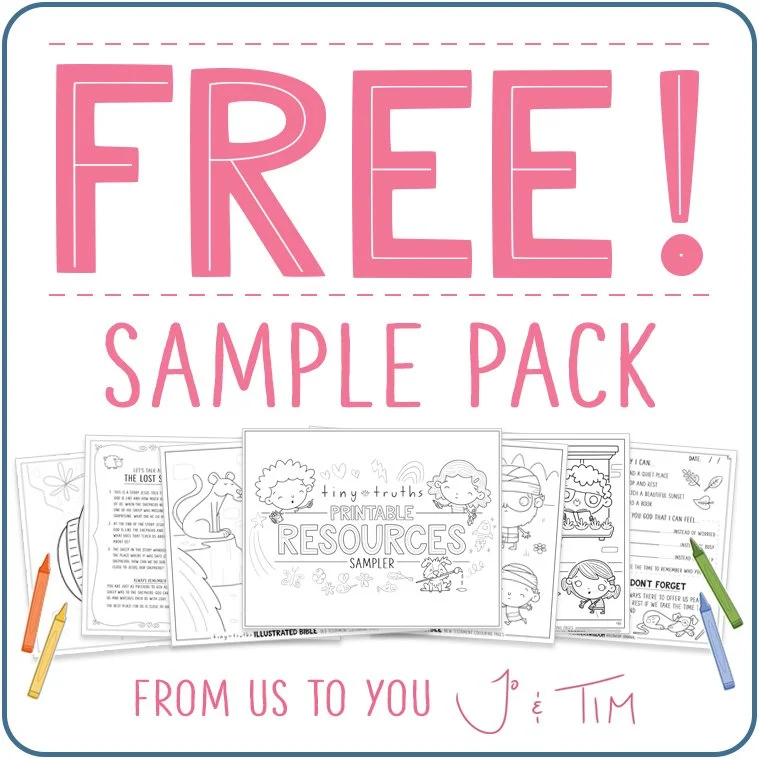 Free printable resource sampler pack with a Daniel in the lion's den, Jesus calling the children, and love your neighbour coloring pages, as well as a good shepherd cut out and color craft, and one page from our discovery journal