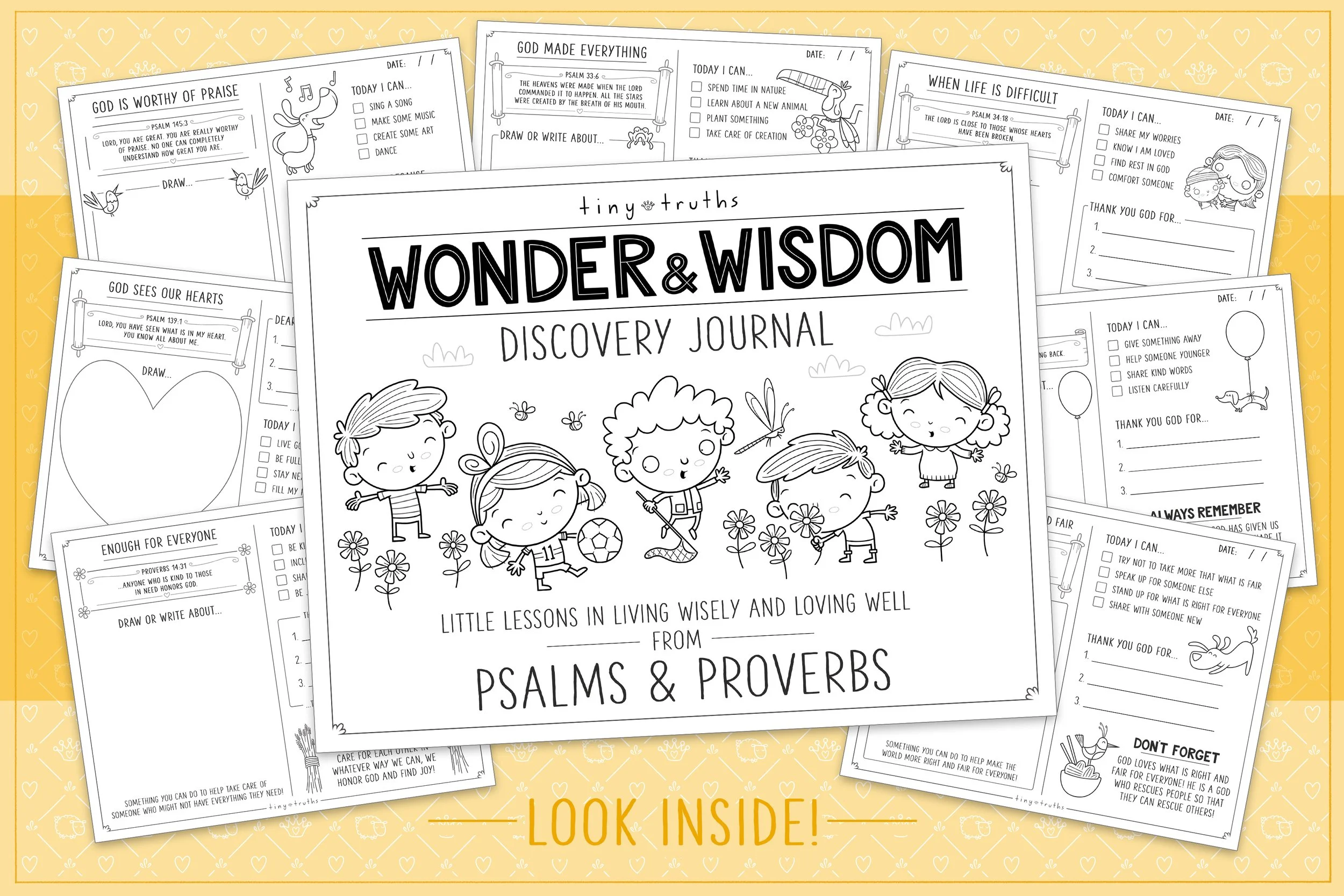 Printable Gratitude/Discovery Journal activity pages full of little lessons from Psalms and Proverbs—God is worthy of praise, when life is difficult, God sees our hearts