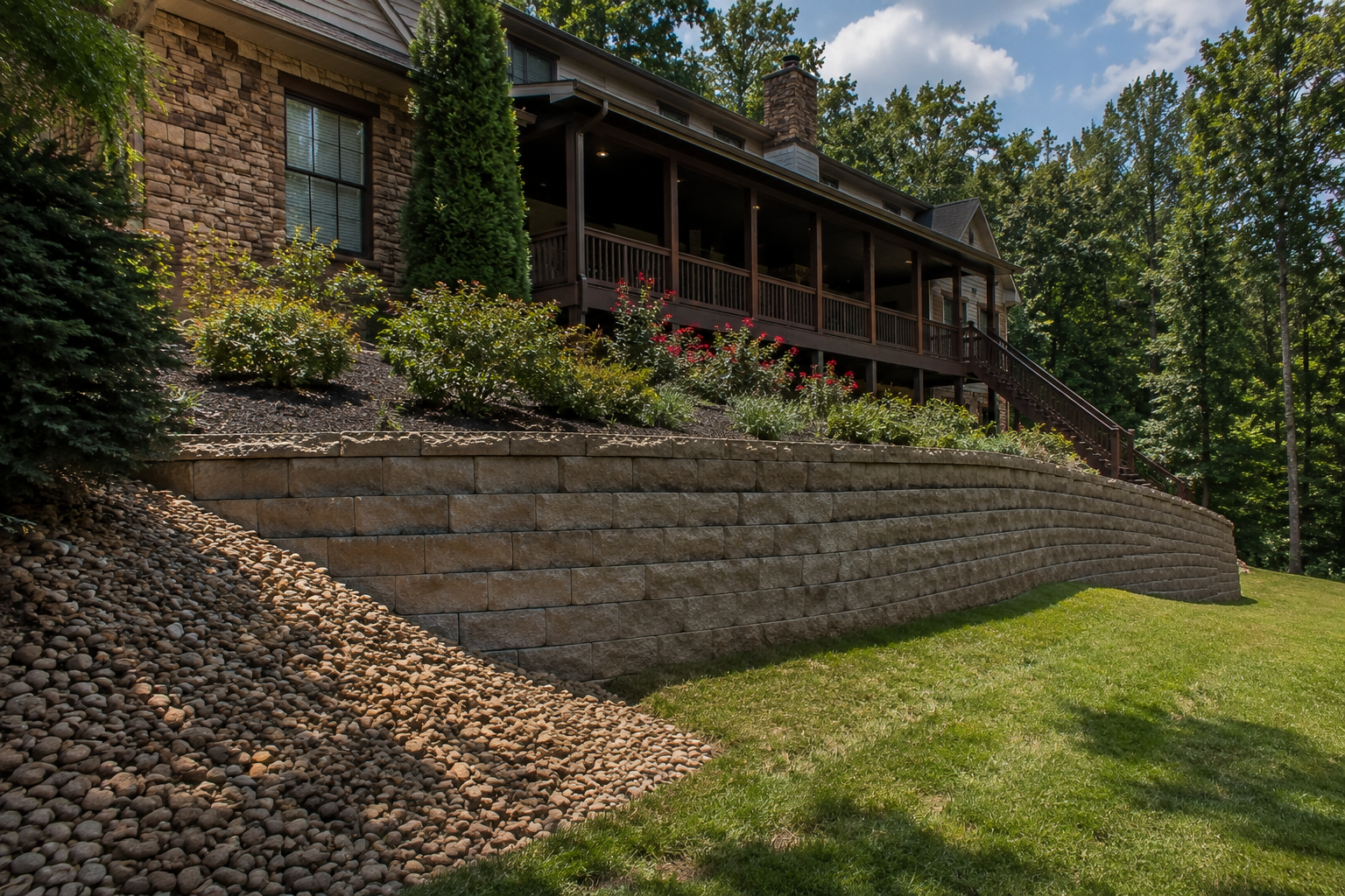 View of a landscaped backyard with a stone retaining wall, green grass lawn, flowering bushes, and a house with a deck surrounded by trees.