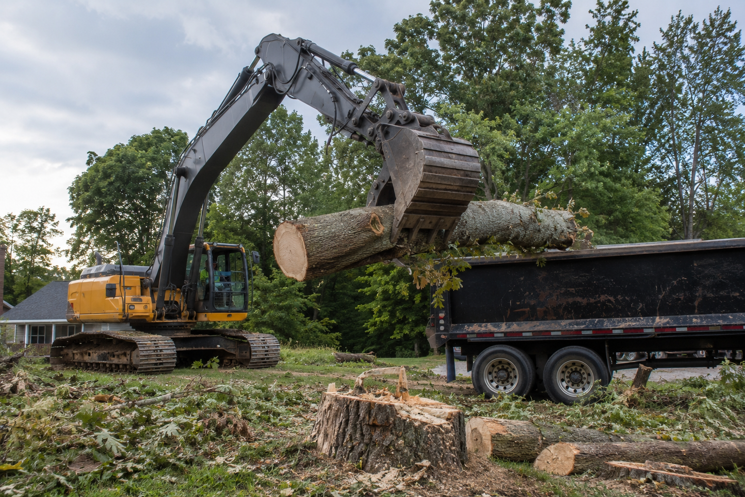 A yellow and black excavator loading cut logs into a black dump truck in a wooded area