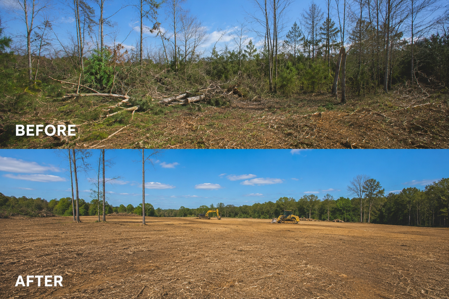Comparison of a cleared forest before and after land clearing, showing fallen trees and debris in the 'before' image, and a large open area with construction equipment and sparse trees in the 'after' image.