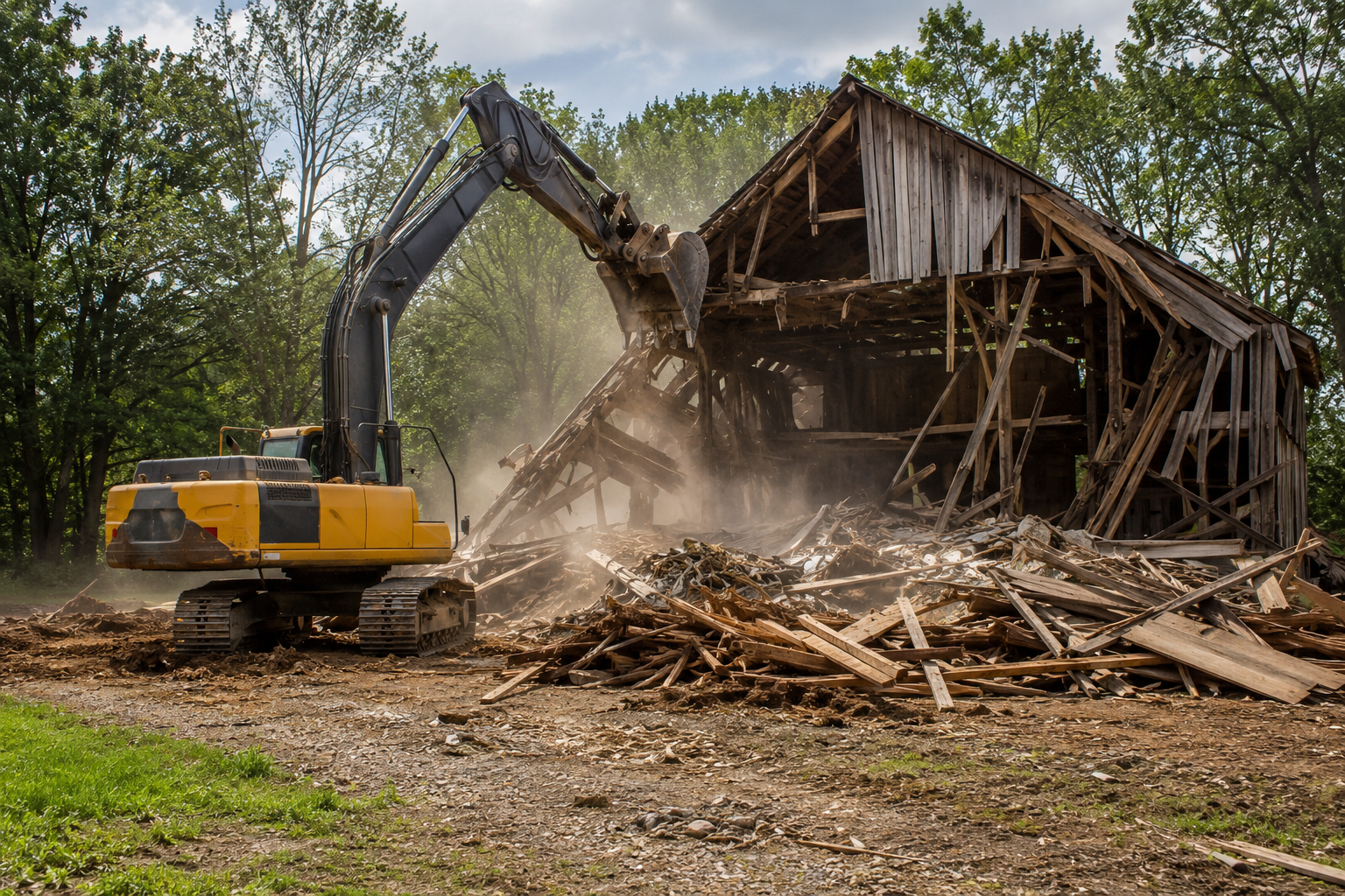 A large yellow excavator demolishing an old wooden barn surrounded by green trees.