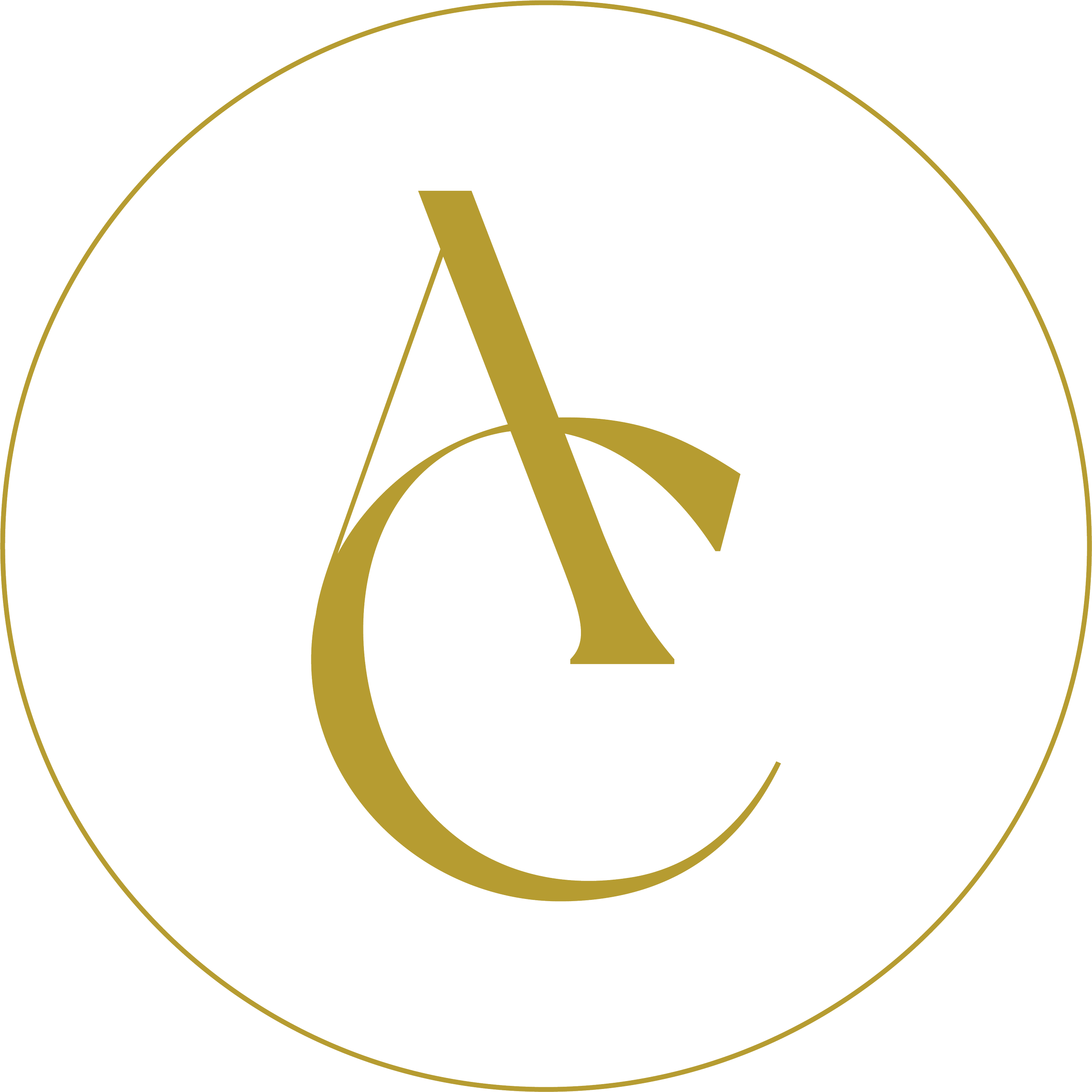 Gold and black stylized letter A within a circle with a black background.