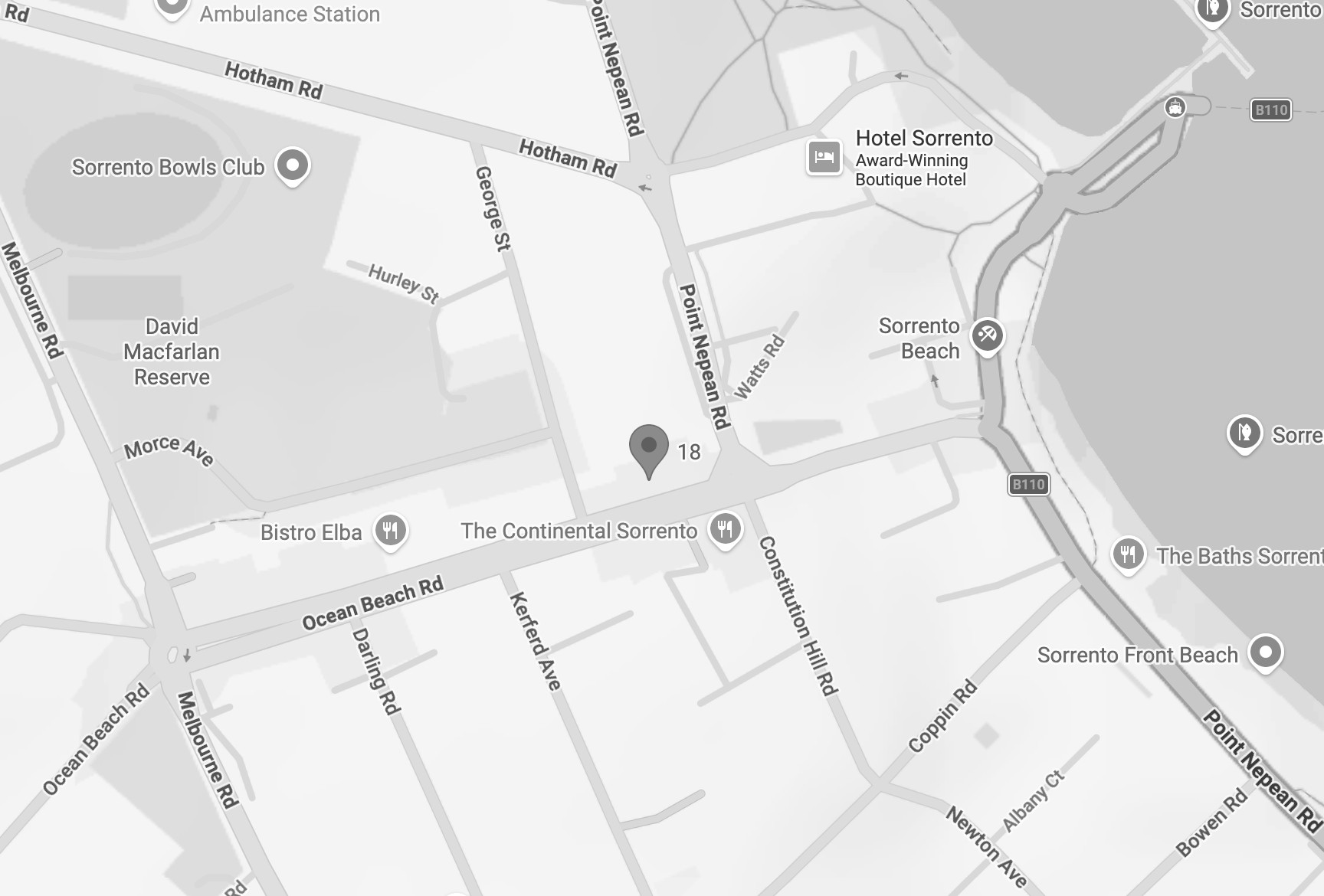 Map of Sorrento area showing roads, hotels, beaches, and landmarks such as Sorrento Bowls Club, David Macfarlan Reserve, and The Baths Sorrento.