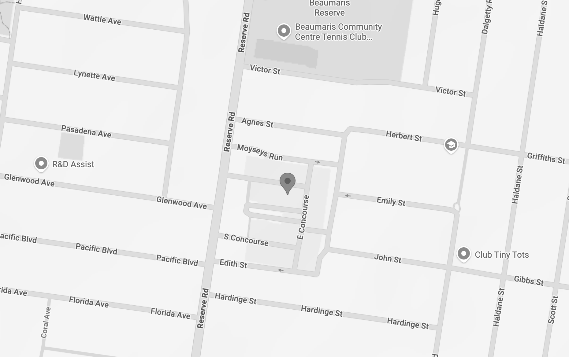 Map showing streets and landmarks in the Beaumaris area, including Beaumaris Community Centre Tennis Club, R&D Assist, Club Tiny Tots, and various streets such as Reserve Rd, Victoria St, Agnes St, and Pacific Blvd.