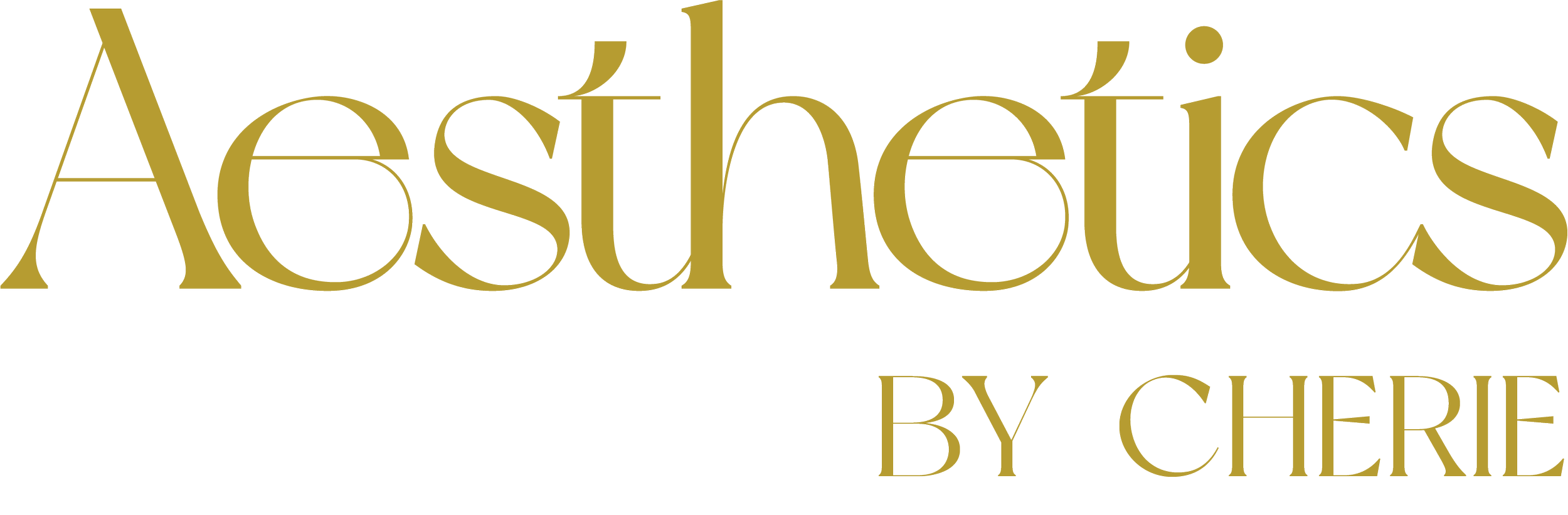 Logo with the text 'Aesthetics by Cherie' in gold, elegant font.