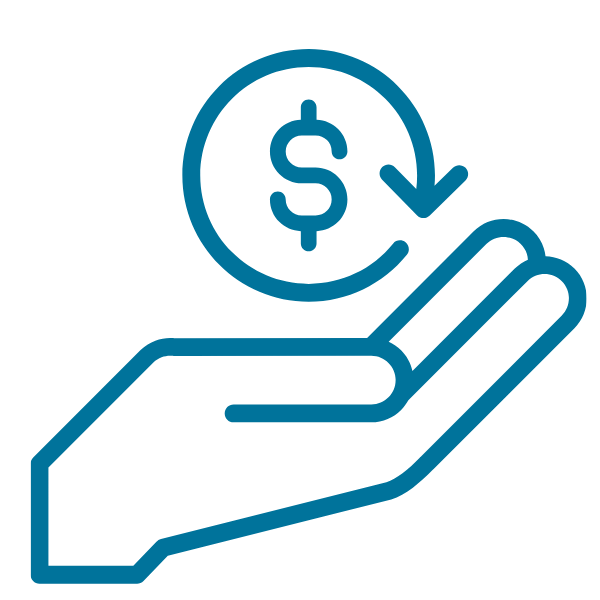 An outline of a hand holding a coin with a dollar sign and downward arrow, representing financial decline or expense reduction.