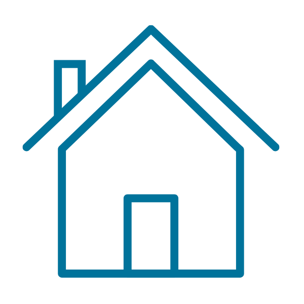 Line drawing of a house with a chimney and a pitched roof.