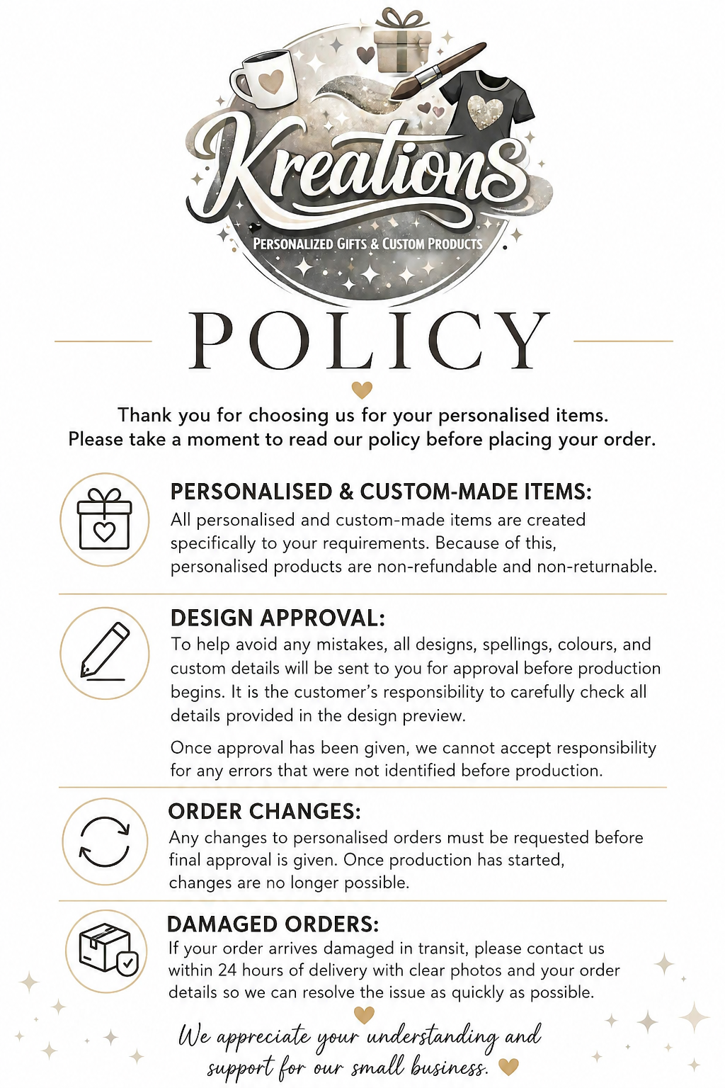 A policy document for a custom gift business called Kreations, including sections on personalised items, design approval, order changes, and damaged orders, with icons and decorative elements.