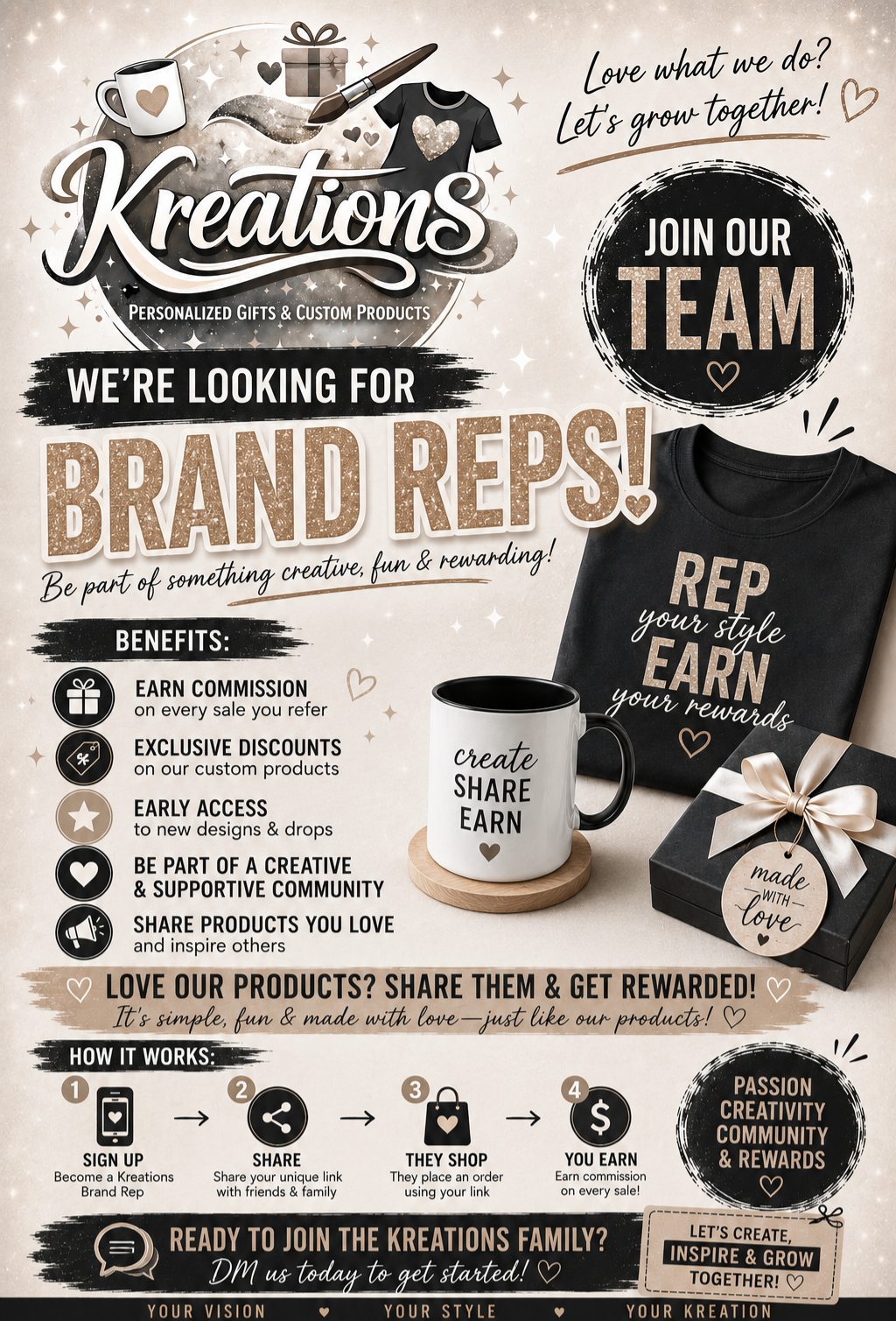A promotional poster for Kreations, a company selling personalized gifts and custom products, inviting people to join their team as brand reps. The poster features images of a mug, a T-shirt, and a gift box, with text highlighting benefits like earning commissions, exclusive discounts, early access, community support, and sharing products for rewards. It includes instructions on how to sign up, share, shop, and earn, and encourages DM contact to join.