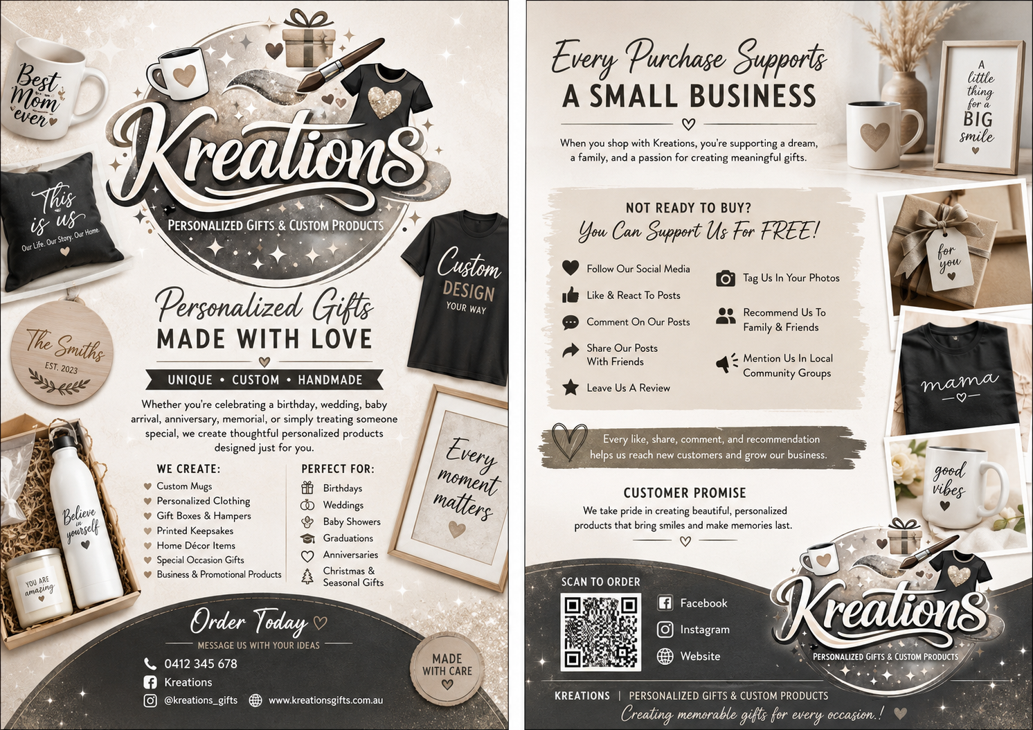 A two-sided flyer for Kreations, a business that creates personalized gifts and custom products. The flyer includes images of mugs, shirts, gift boxes, and other personalized items, with text promoting their services and ways to support or contact them.