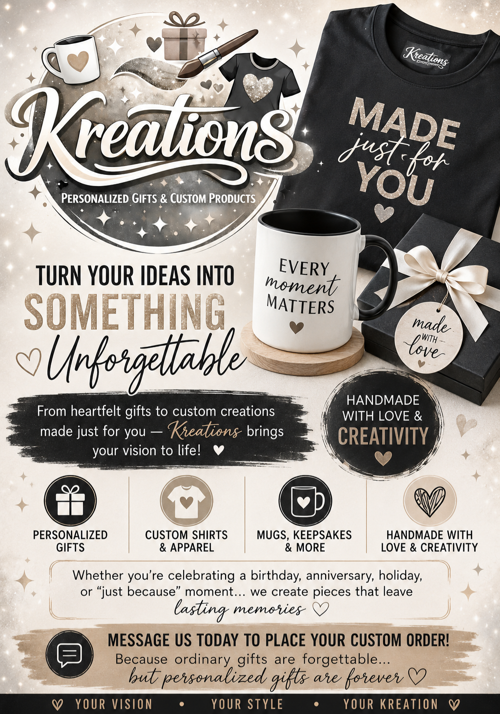 Promotional poster for Kreations, a business specializing in personalized gifts and custom products, featuring coffee mugs, t-shirts, gift boxes, and artwork, emphasizing handwritten and creative designs.