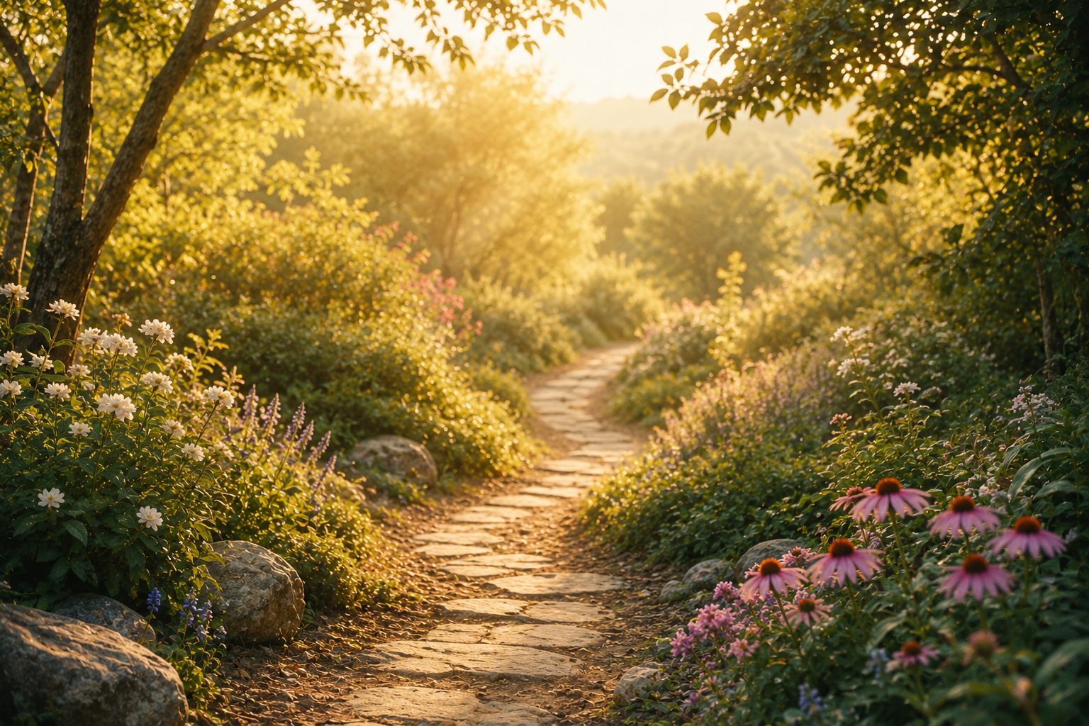 A sunlit mountain trail surrounded by colorful flowers and lush greenery during sunset.
