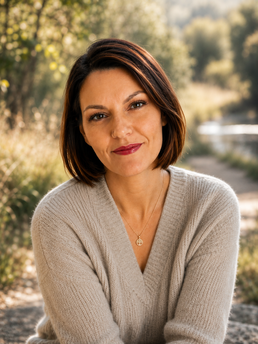 A woman with shoulder-length brown hair, wearing a beige sweater and a necklace, smiling outdoors with trees and a river in the background.