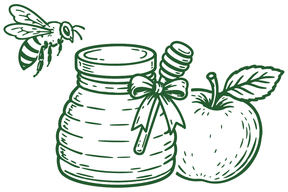 A line drawing of a honey jar with a honey dipper tied with a bow, an apple with a leaf, and a bee.