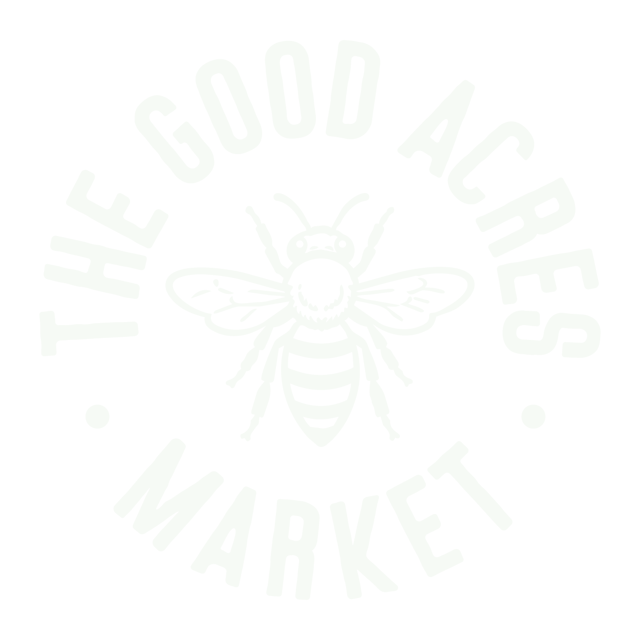 Black and white logo with a bee illustration at the center and the text 'THE GOOD ACRES MARKET' arranged in a circular pattern around it.