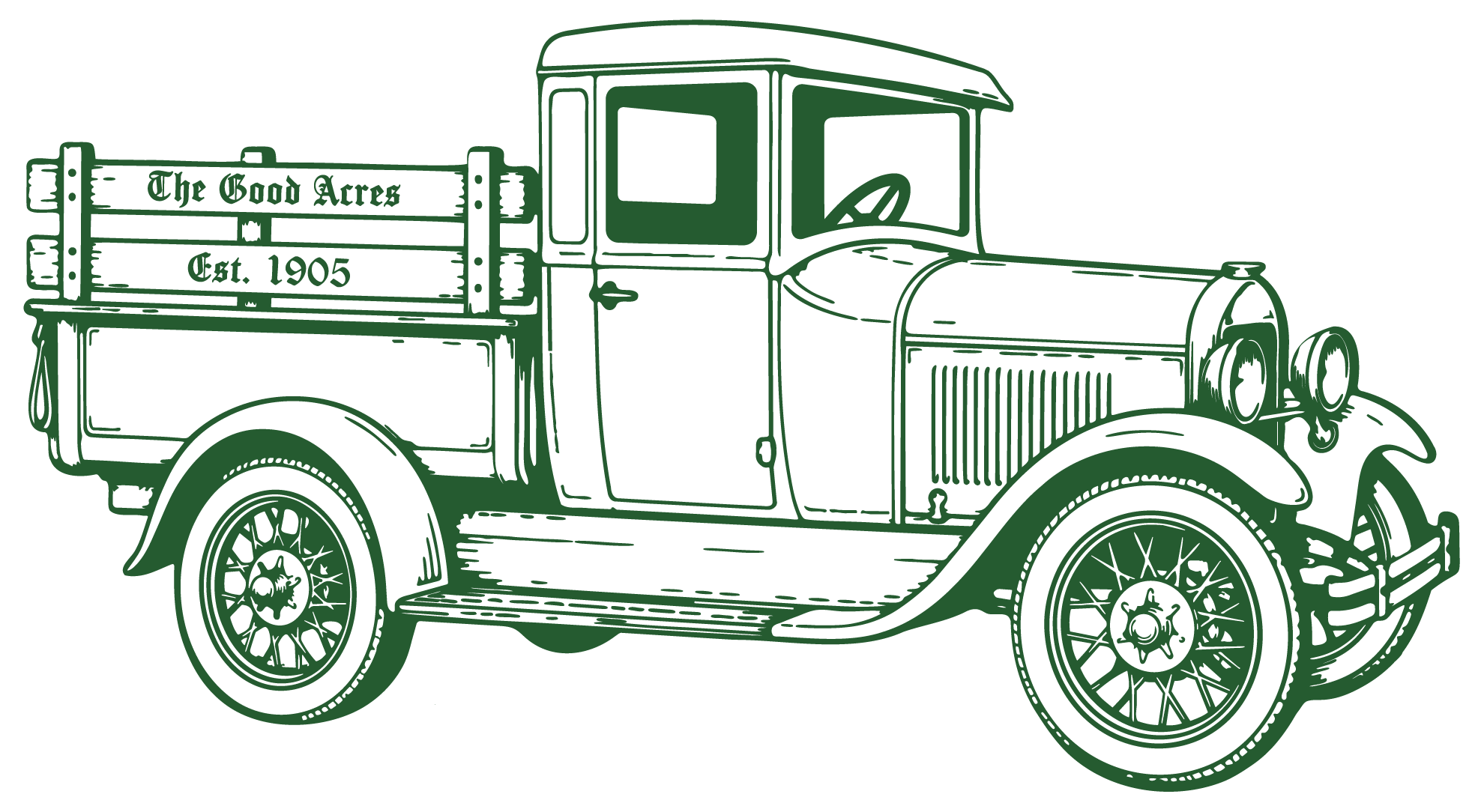 Line drawing of an early 20th-century pickup truck with the text 'The Good Acres Est. 1905' on the side of the truck bed.