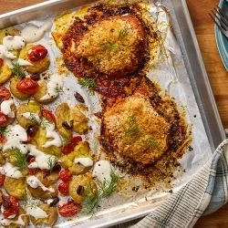 Sheet Pan Crispy Harissa Chicken with Smashed Potatoes, Yogurt &amp; Dill
