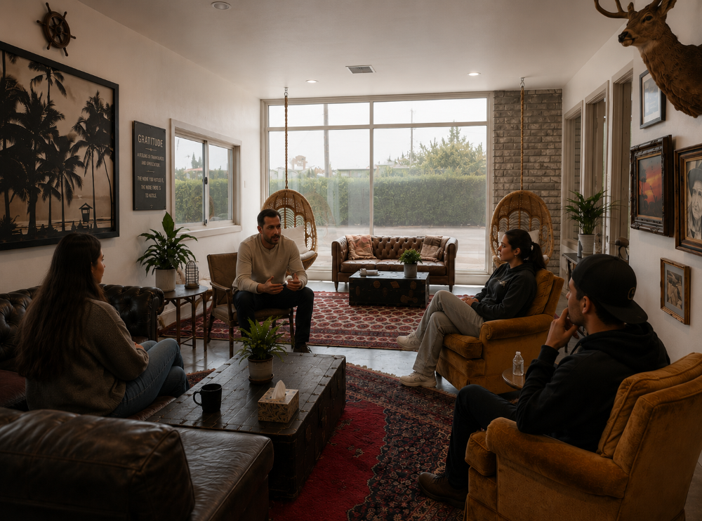 Small group participating in a supportive group therapy session at The Crossing Recovery, a Costa Mesa drug rehab and outpatient addiction treatment center focused on connection, healing, and long-term recovery.