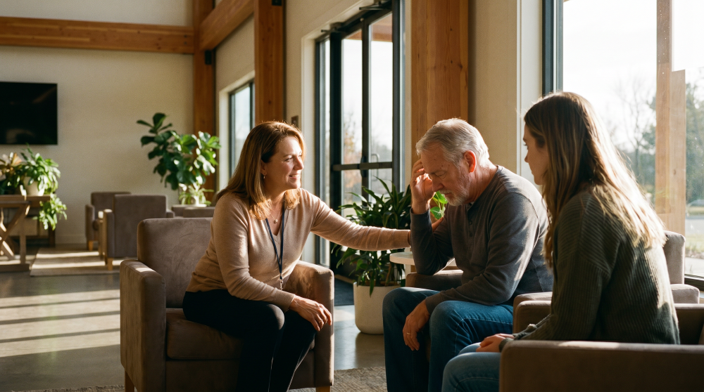 Recovery professional providing compassionate emotional support to a client during a counseling session at The Crossing Recovery, a drug and alcohol rehabilitation and outpatient addiction treatment center in Costa Mesa, California.